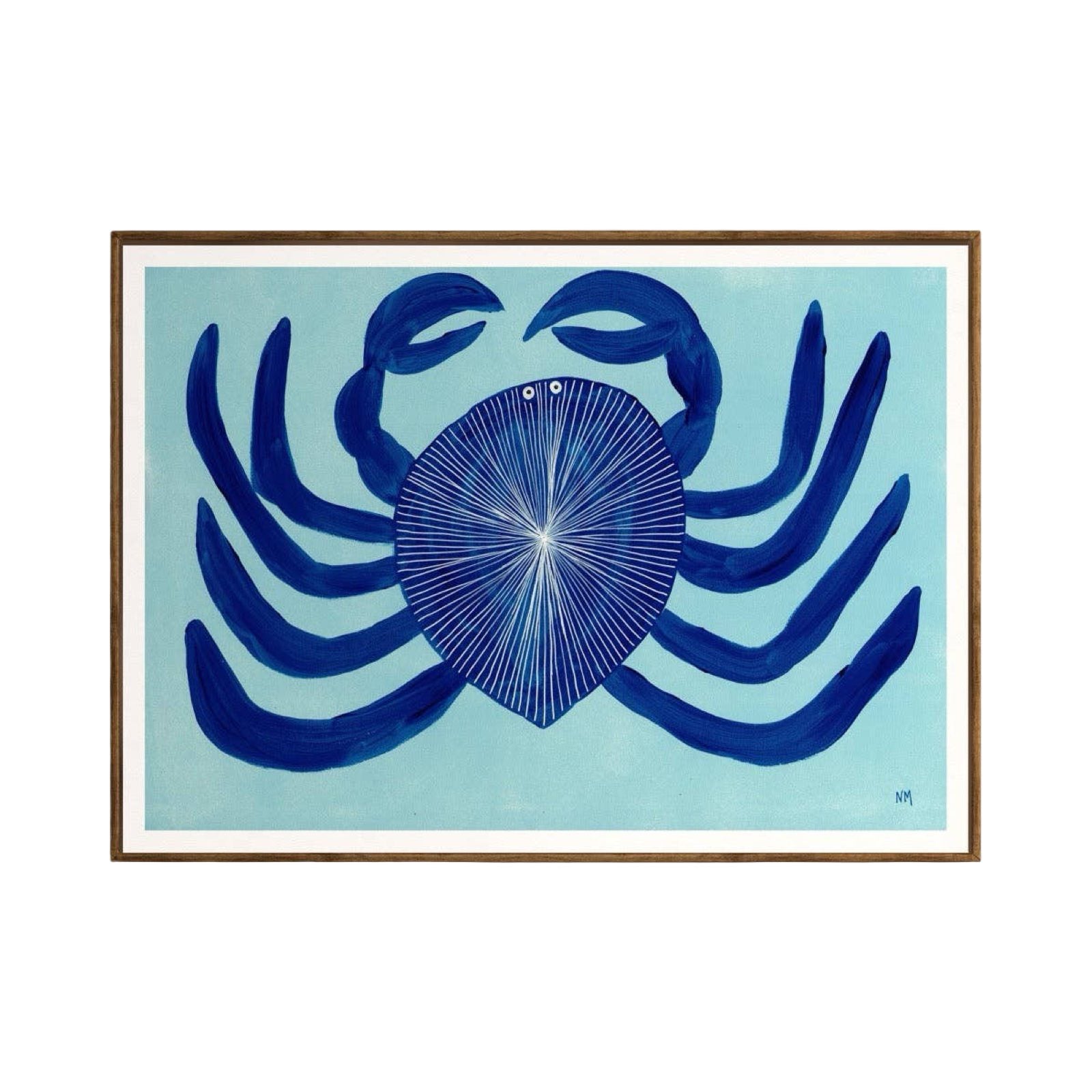 Framed artwork of a blue crab on a light blue background.