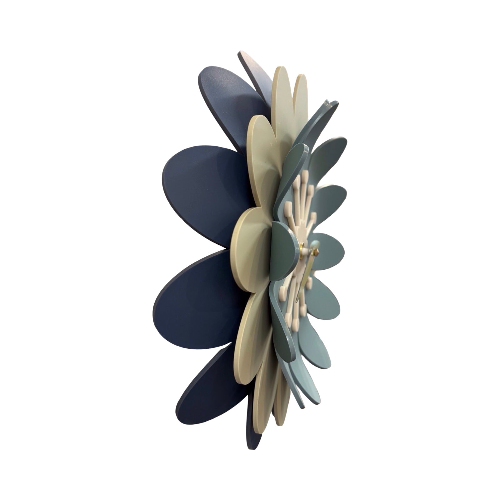 Decorative wall clock with a floral design in blue, beige, and gray on a white background.