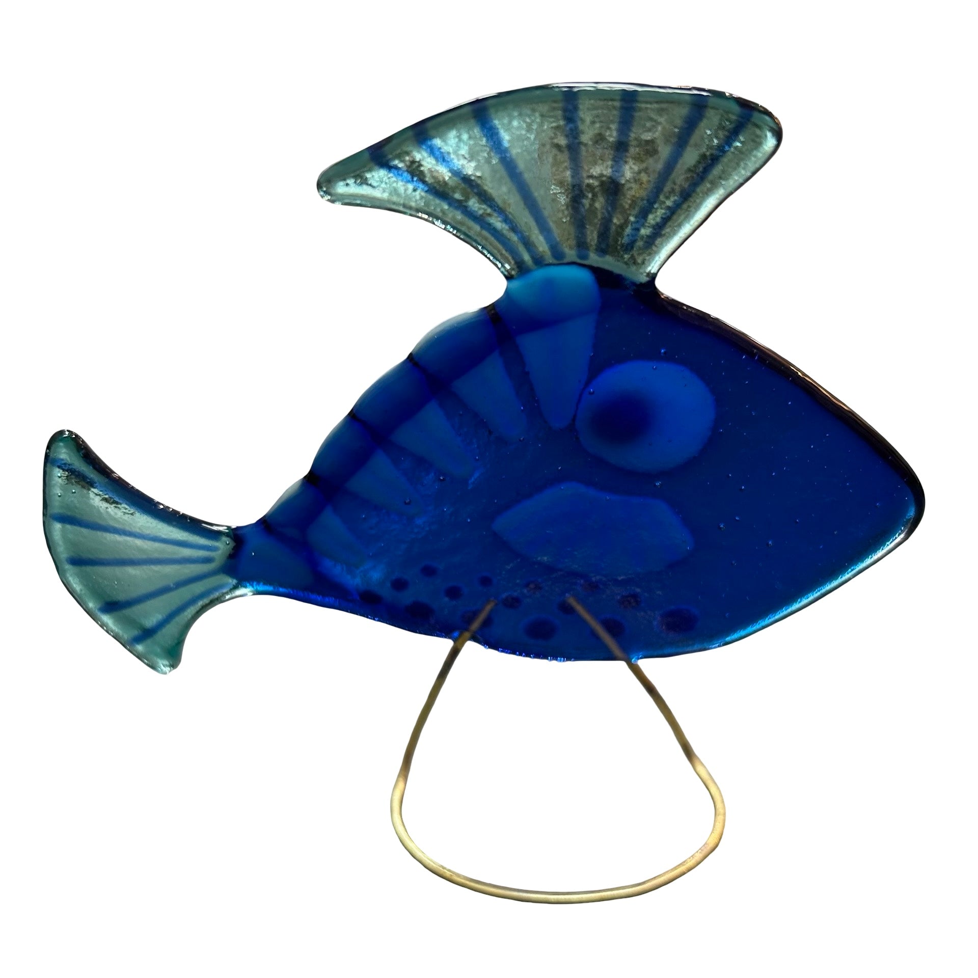Blue glass fish ornament on a white background.