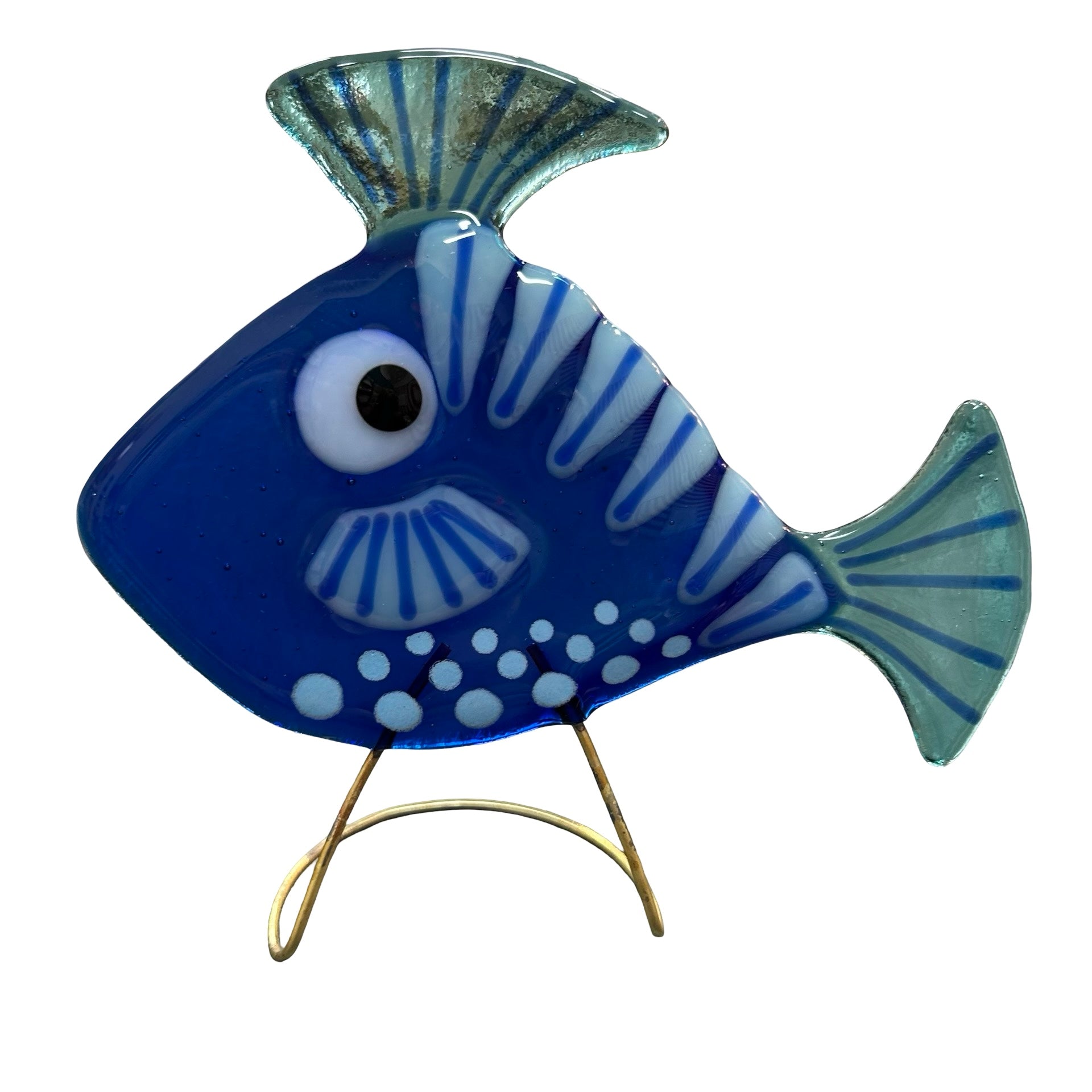 Decorative fish-shaped object with blue and white patterns on a stand against a white background.