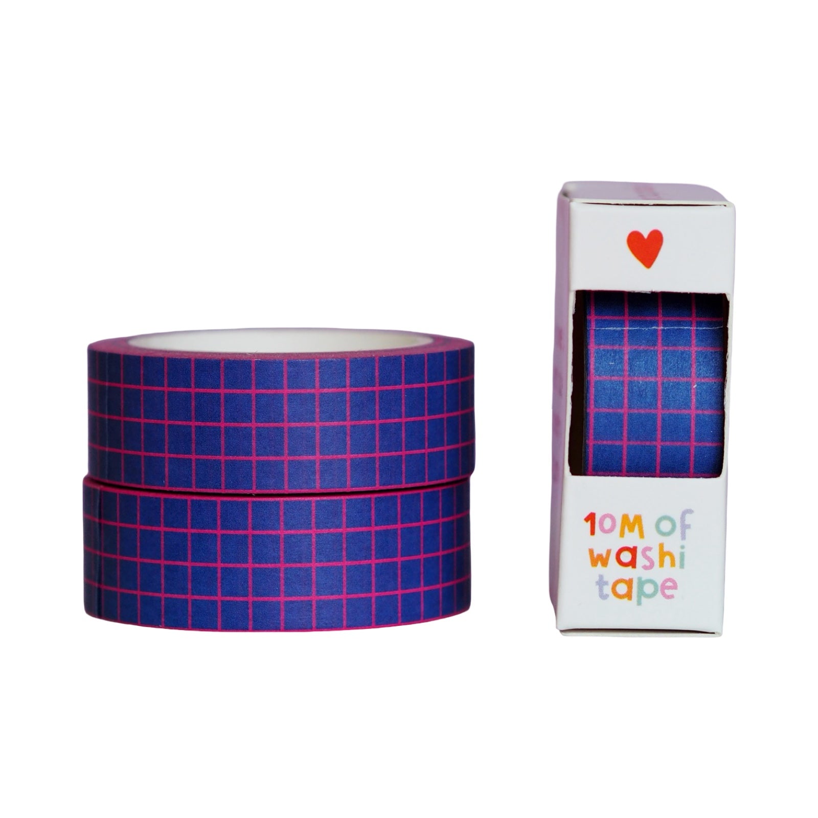 Two rolls of blue washi tape with a box labeled '10m of washi tape' on a white background.