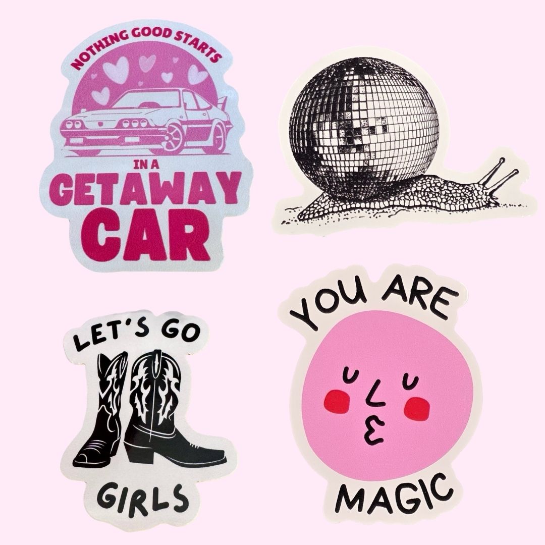 Set of four stickers with different designs and text on a pink background.