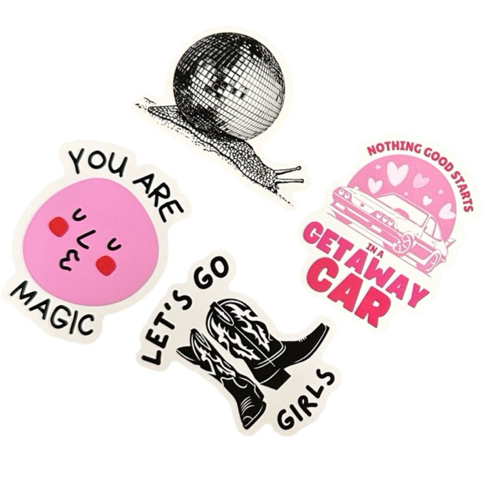 A waterproof vinyl sticker of a pink blushing face and the text 'You are Magic' in black.