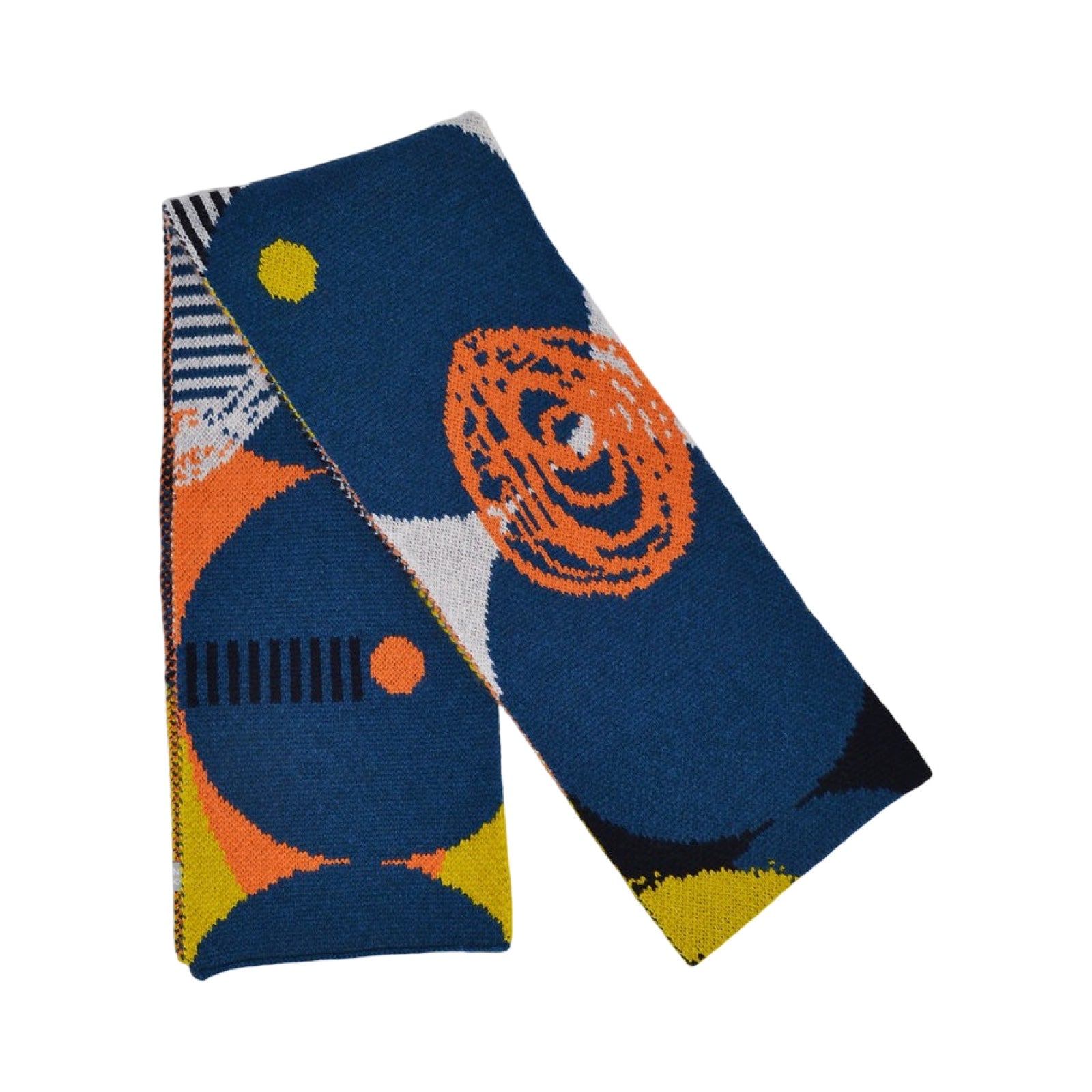This blue, black, orange, yellow and grey lambswool scarf is sure to add some colour to your outfit with its geometric-shaped designs. 
