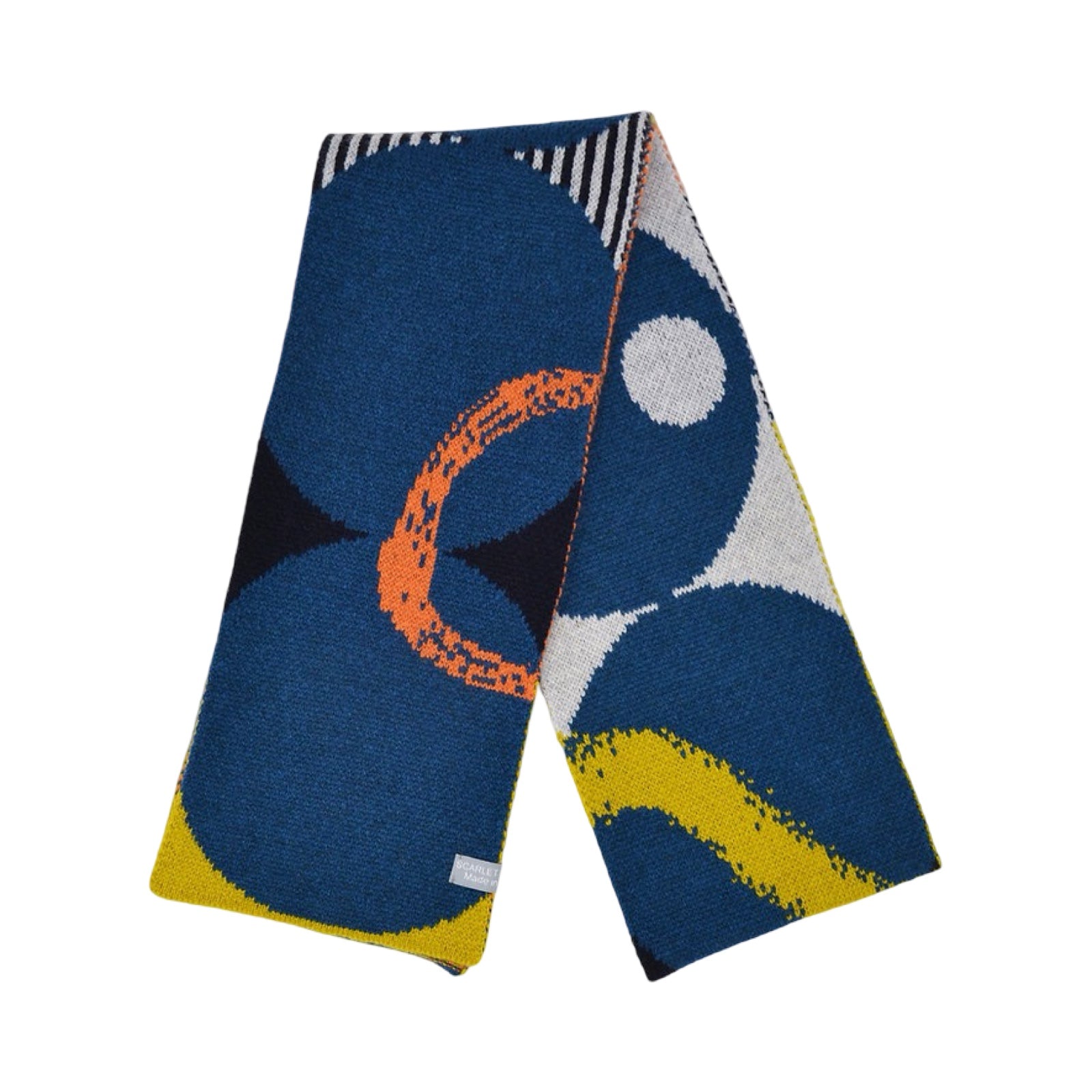 This blue, black, orange, yellow and grey lambswool scarf is sure to add some colour to your outfit with its geometric-shaped designs. 