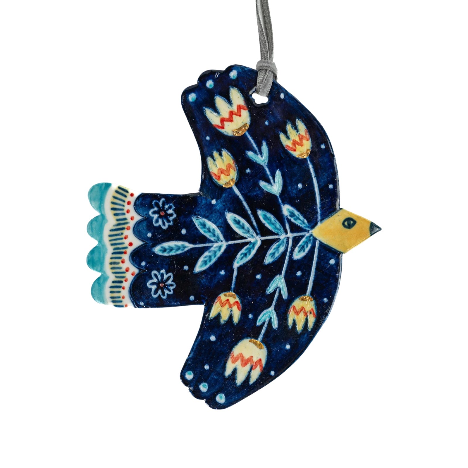 Blue Tulips Porcelain Folk Hanging Bird