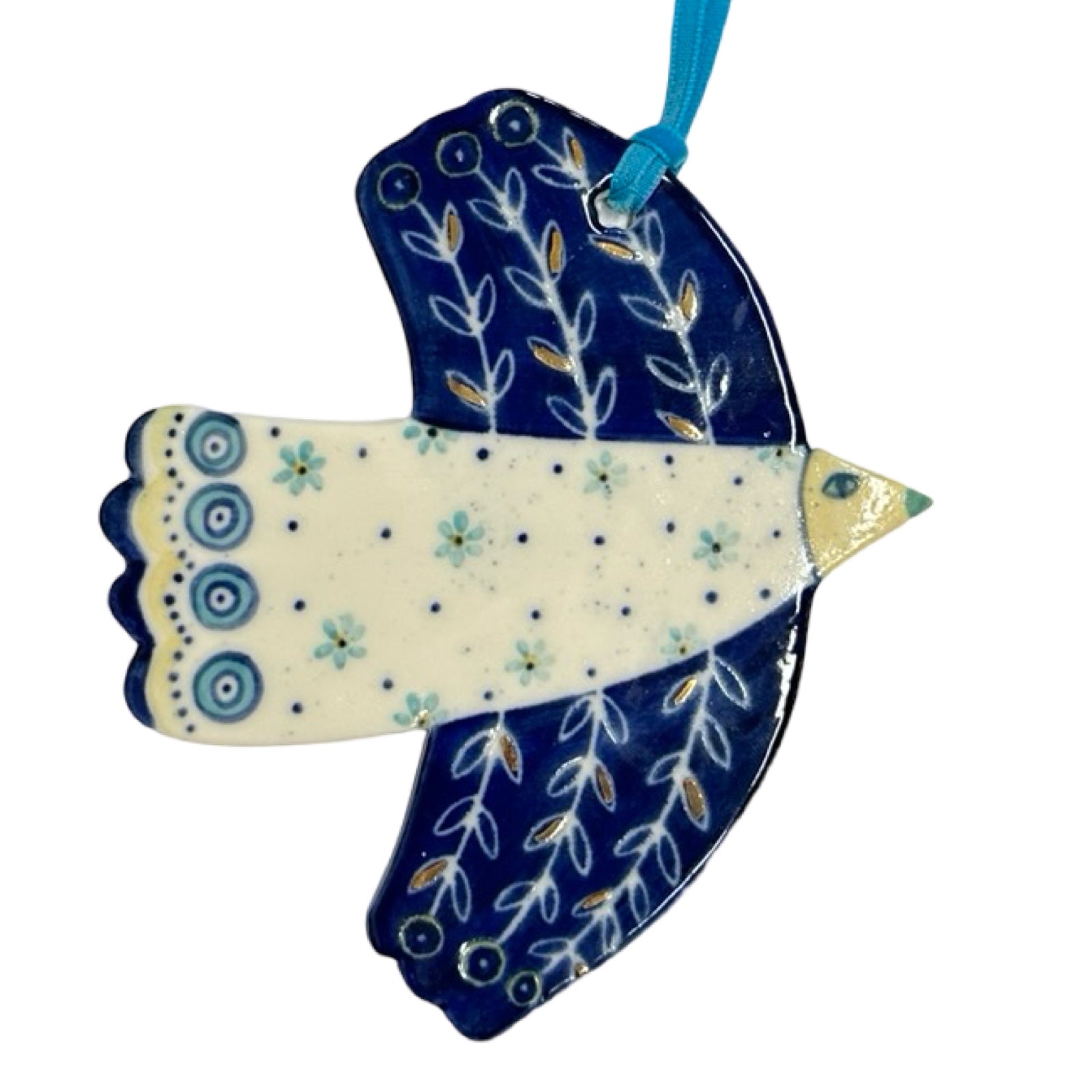 Blue Leaves Porcelain Folk Hanging Bird