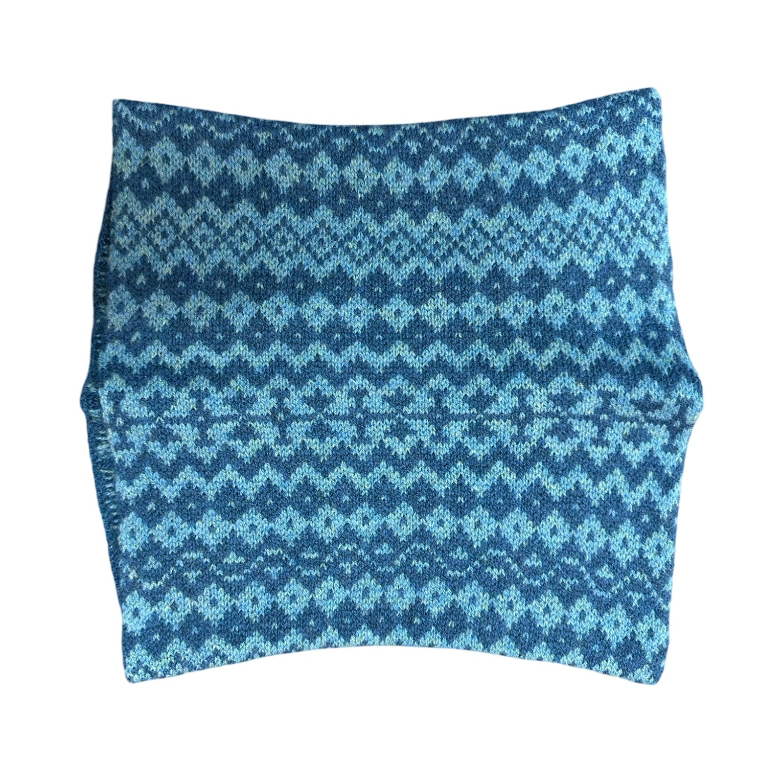 Super soft and cosy 100% lambswool knitted snood in a turquoise and blue geometric stripes design.