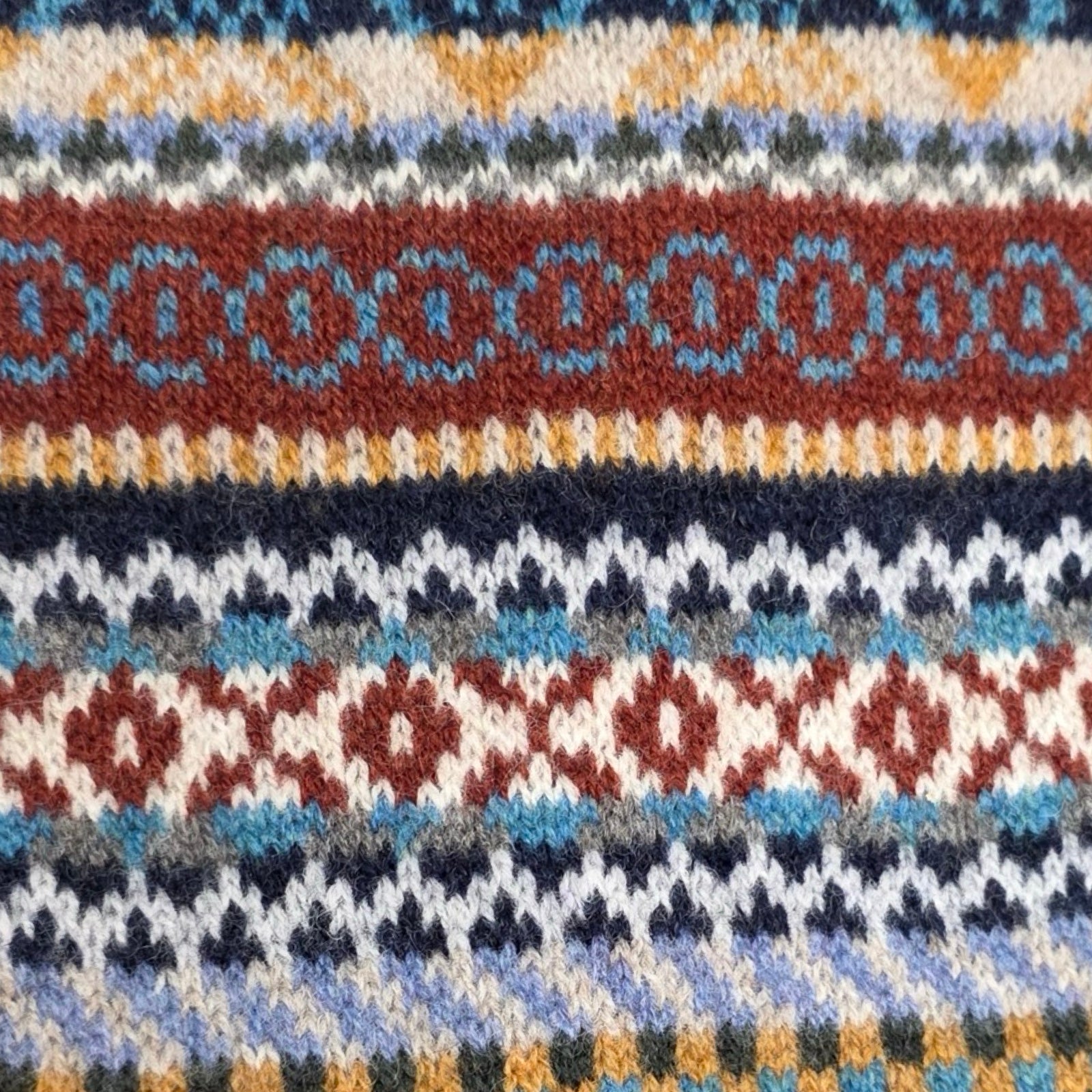 Close-up of a knitted fabric with a multicolour pattern.