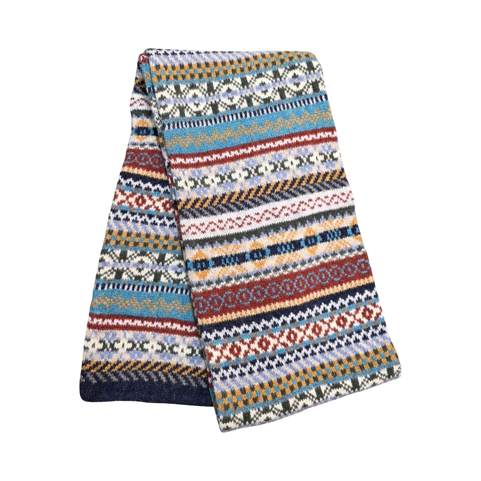 Multicoloured patterned scarf on a white background.