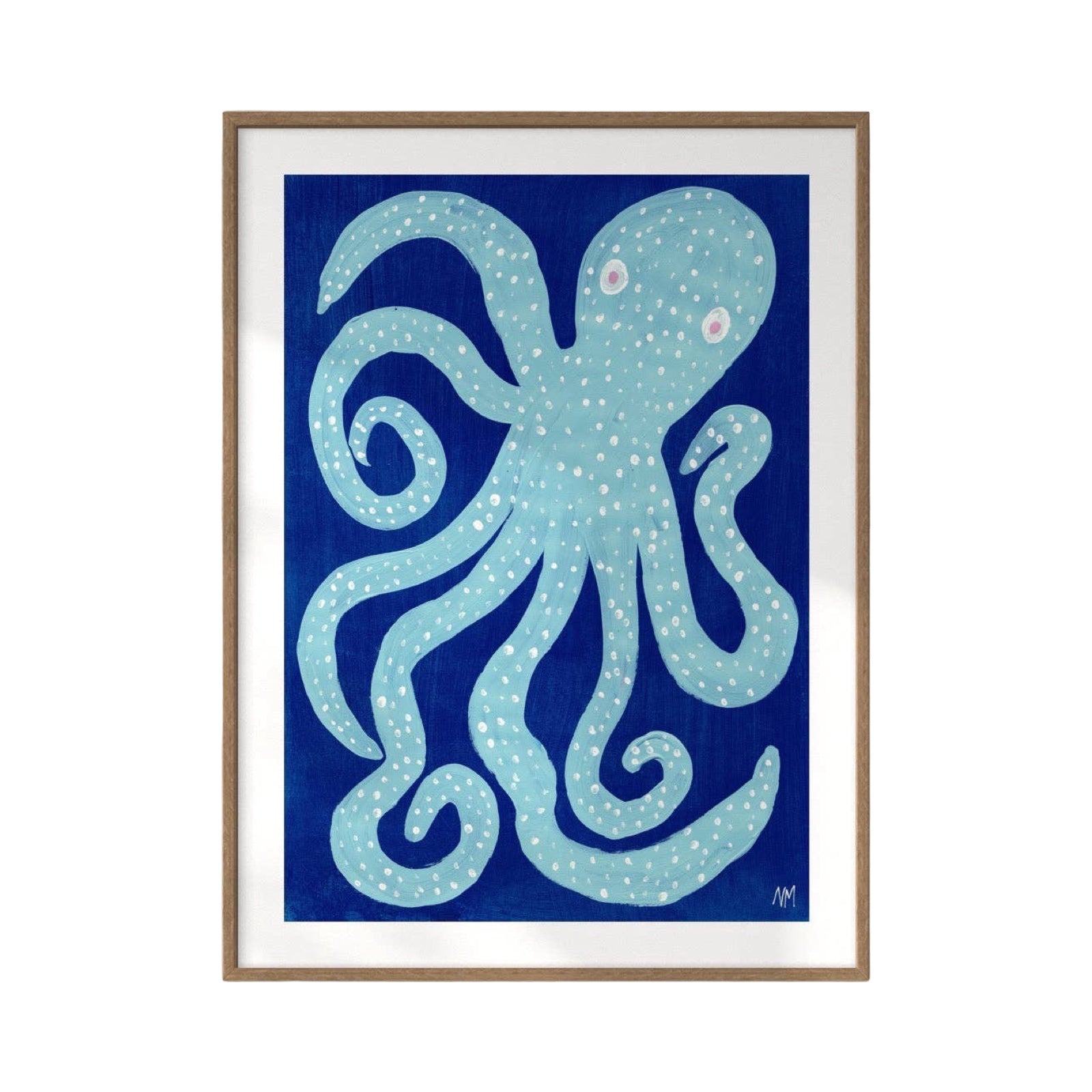 Framed artwork of a blue octopus with white polka dots on a blue background.