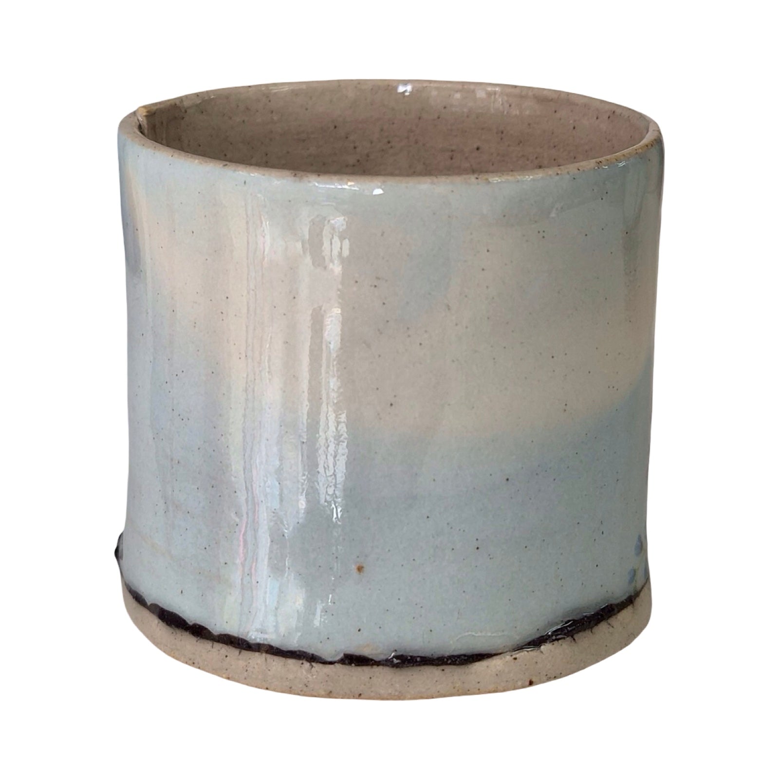 Cylindrical blue ceramic planter on a white background.