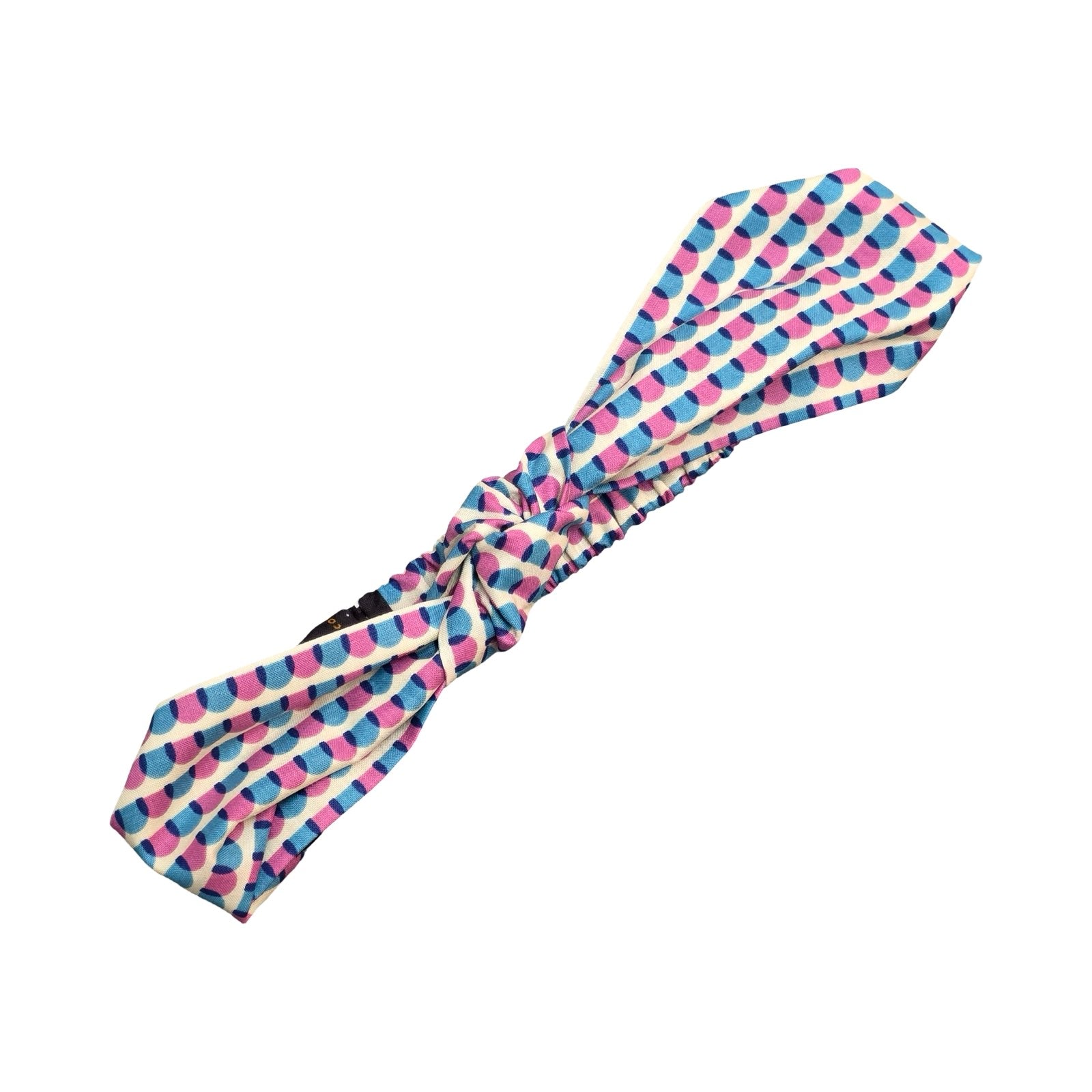 This handmade knotted headband is made from&nbsp;100% cotton fabric with a blue and pink scalloped pattern.
