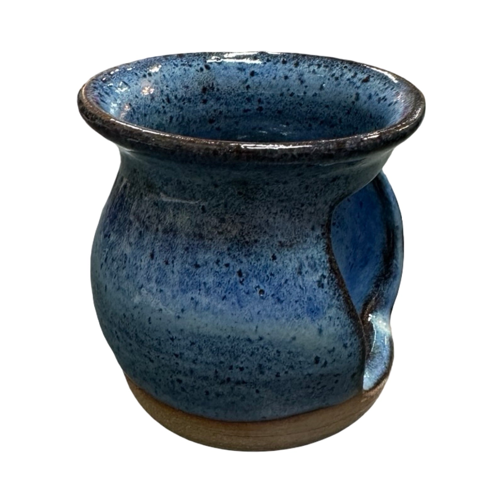 Blue ceramic oil burner with speckled texture on a white background.