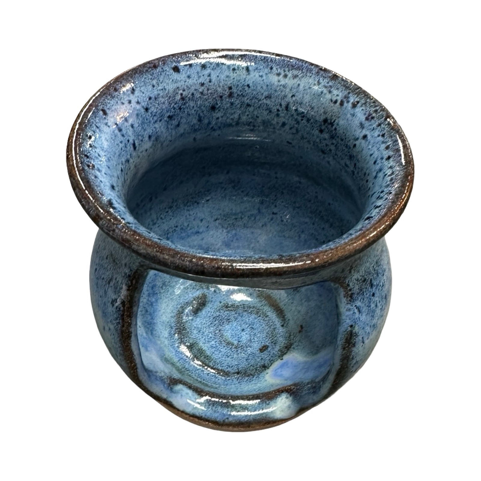 Blue ceramic oil burner with speckled texture on a white background.