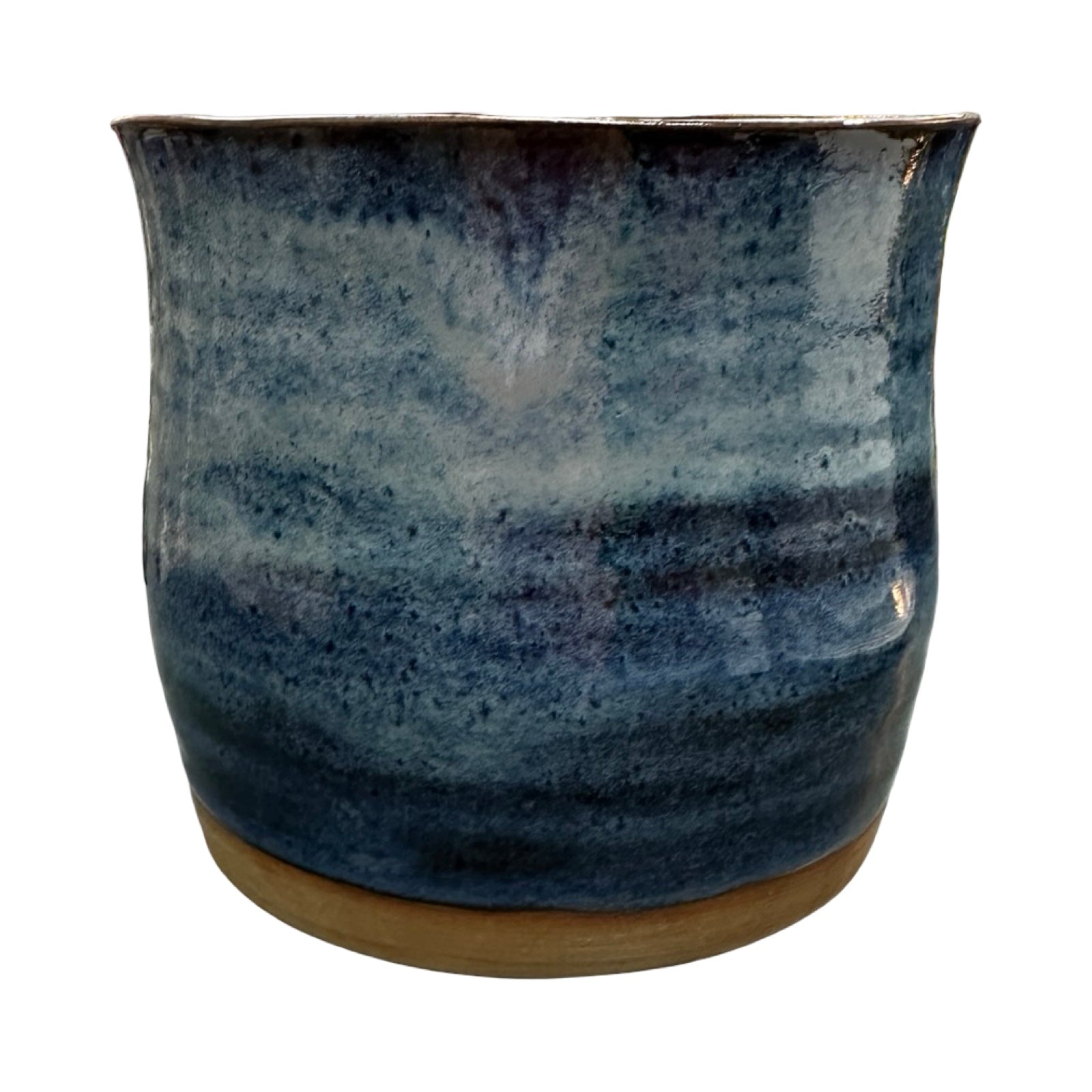 Blue ceramic pot with a textured surface on a white background.