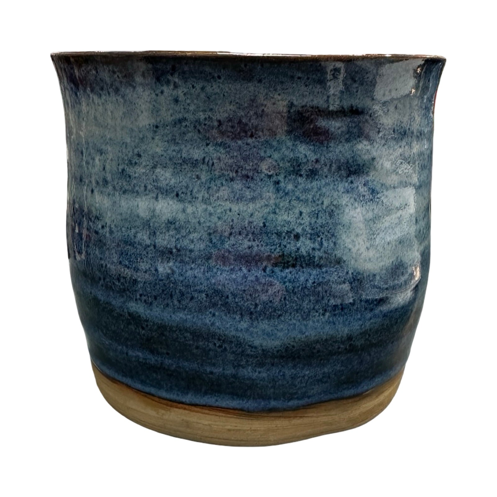 Blue ceramic pot with a textured surface on a white background.