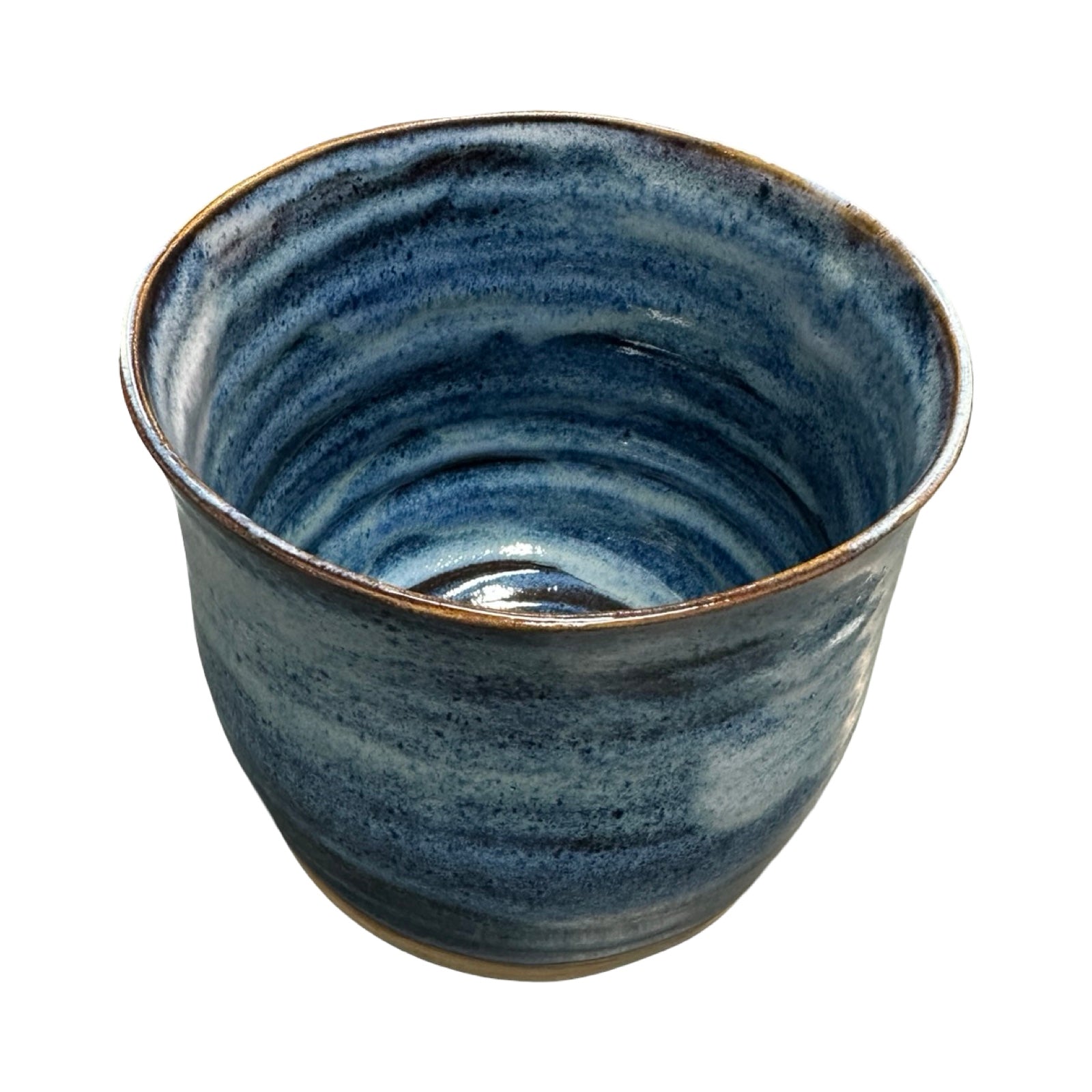 Blue ceramic pot with a textured surface on a white background.