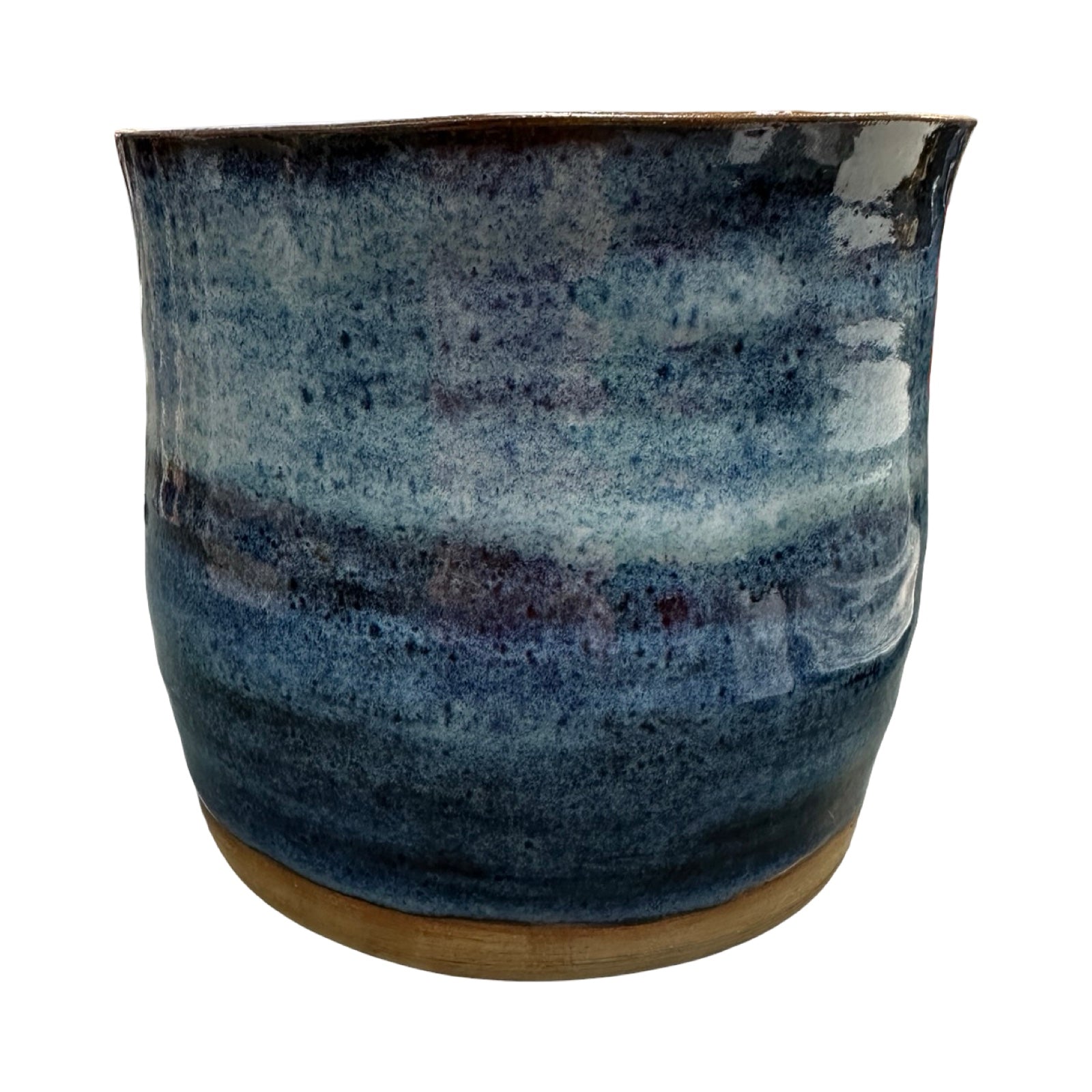 Blue ceramic pot with a textured surface on a white background.