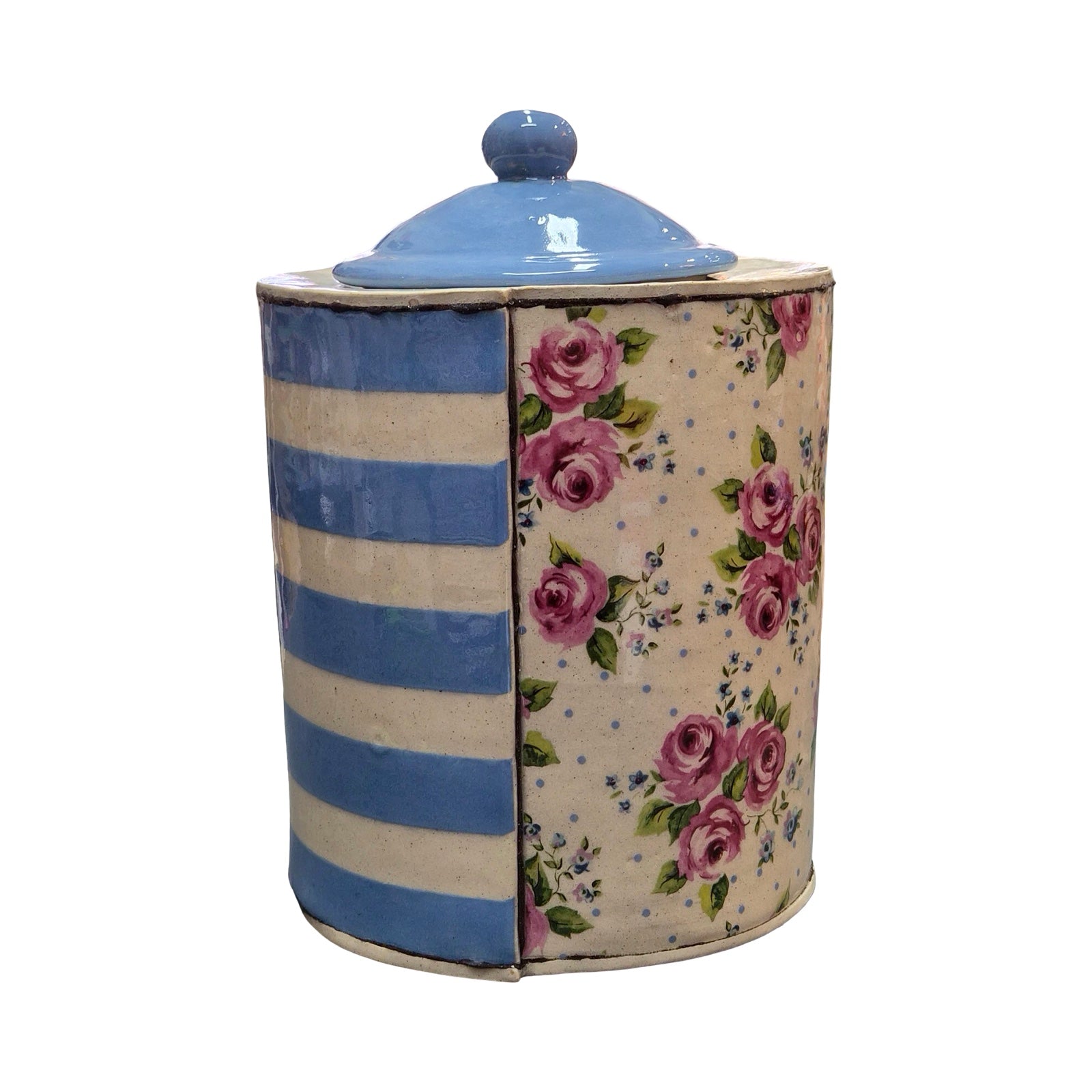 Decorative ceramic jar with floral and striped design on a white background.