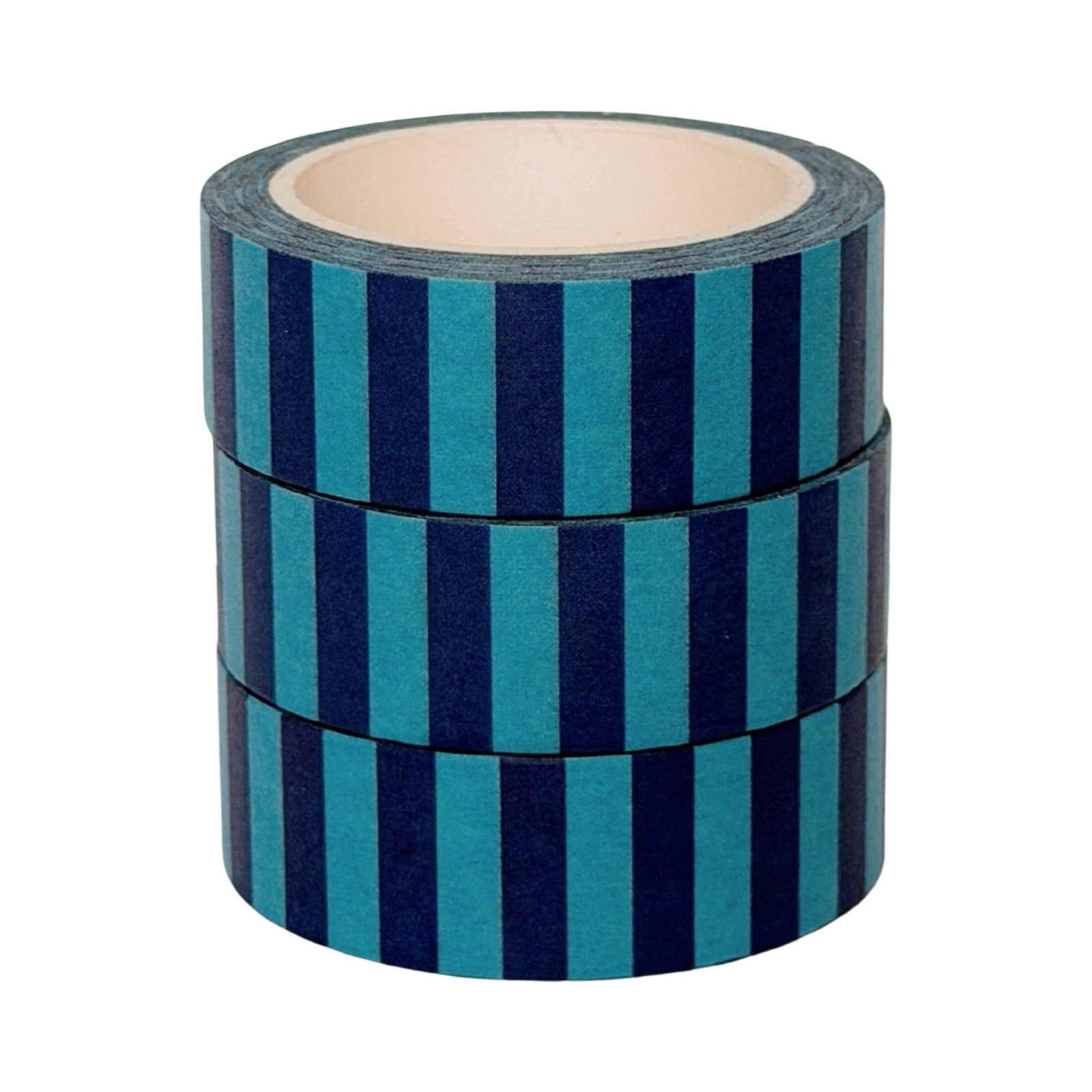 A stack of three rolls of washi tape featuring vertical stripes in teal and dark navy blue, with a light beige inner core visible on the top roll, set against a plain white background.