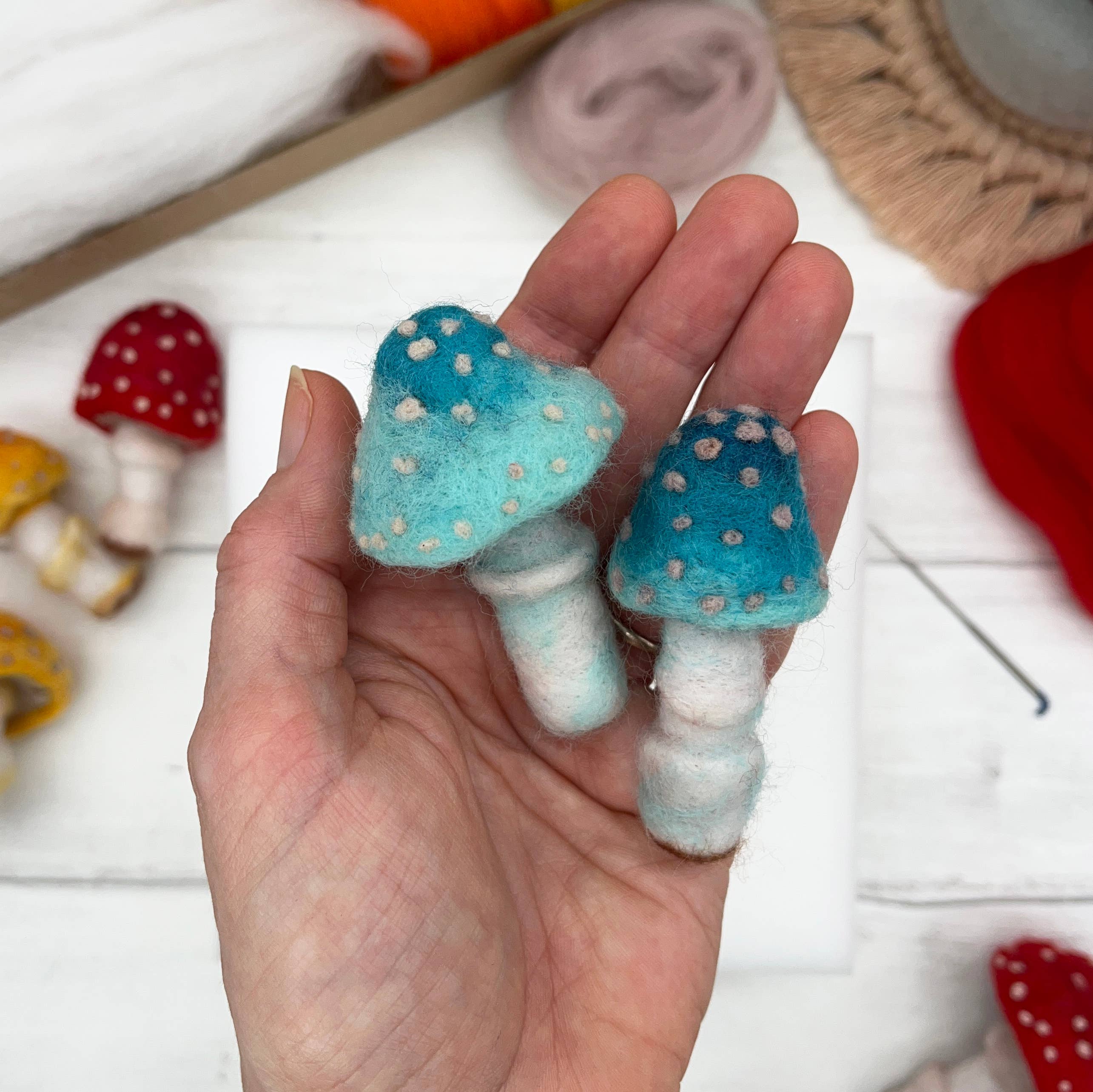 two felted blue toastools in someones hand