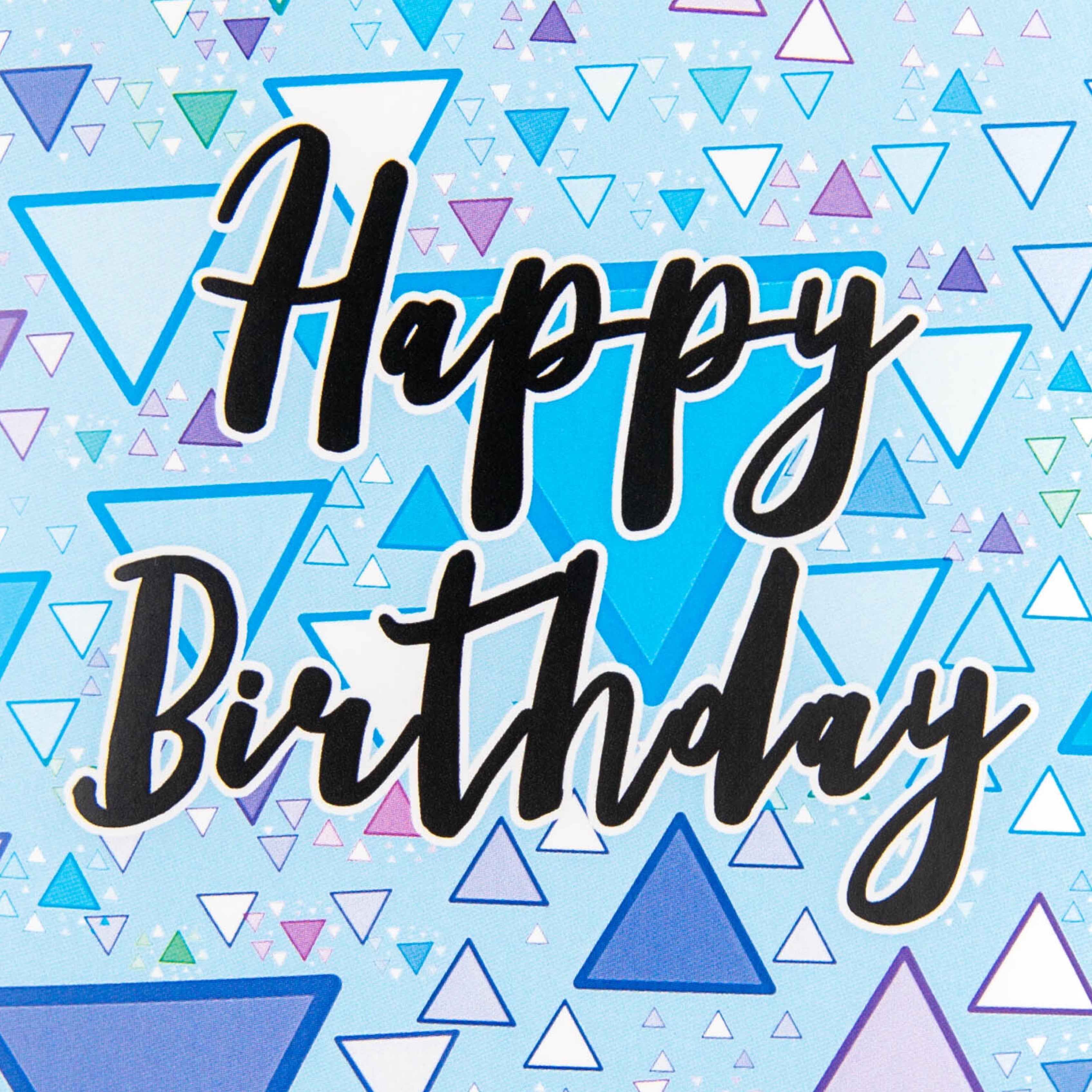Happy Birthday text on a blue background with geometric shapes.