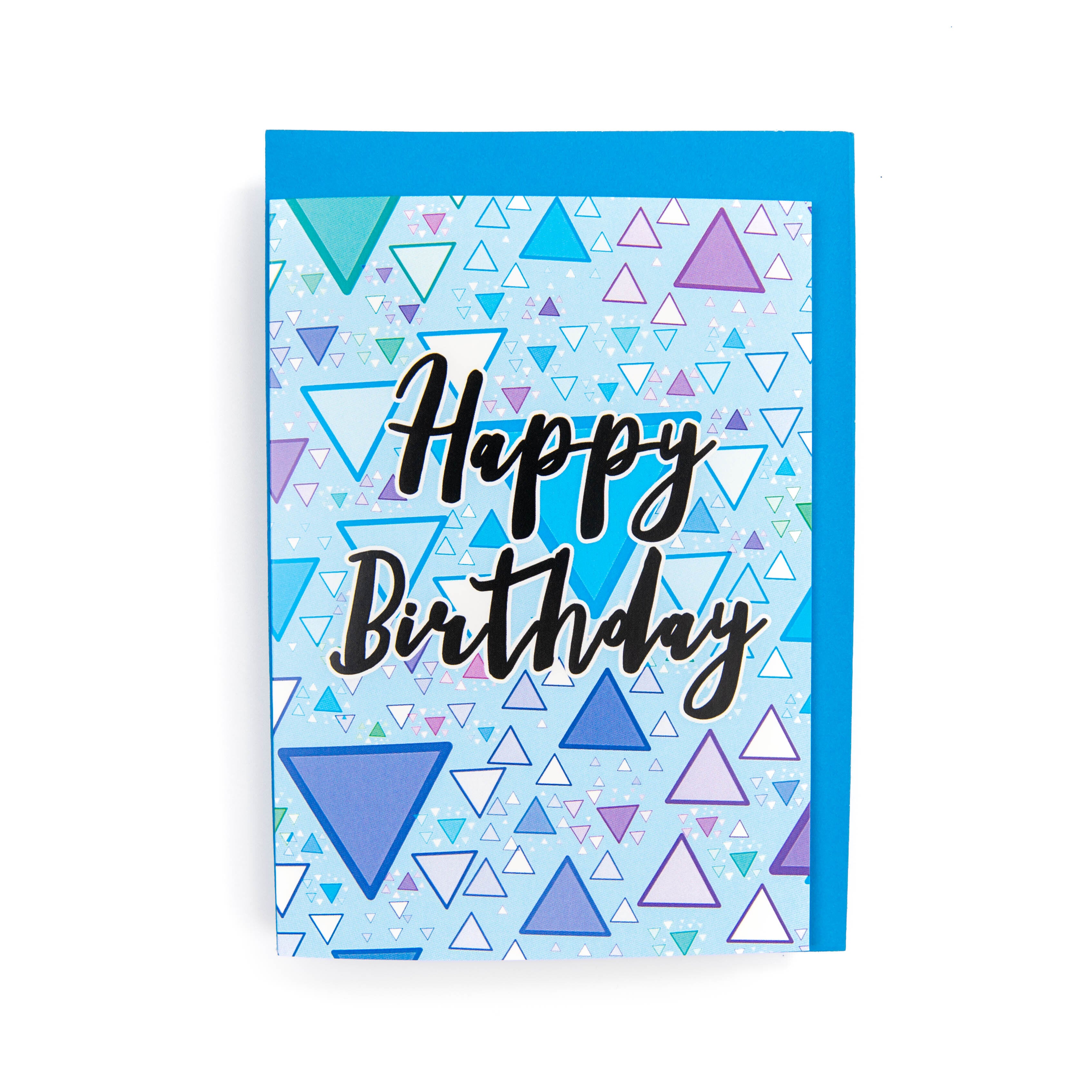 A birthday card with a geometric pattern of blue triangles and a 'Happy Birthday' text in bold letters. The card is A6 in size and there is a blue envelope included.