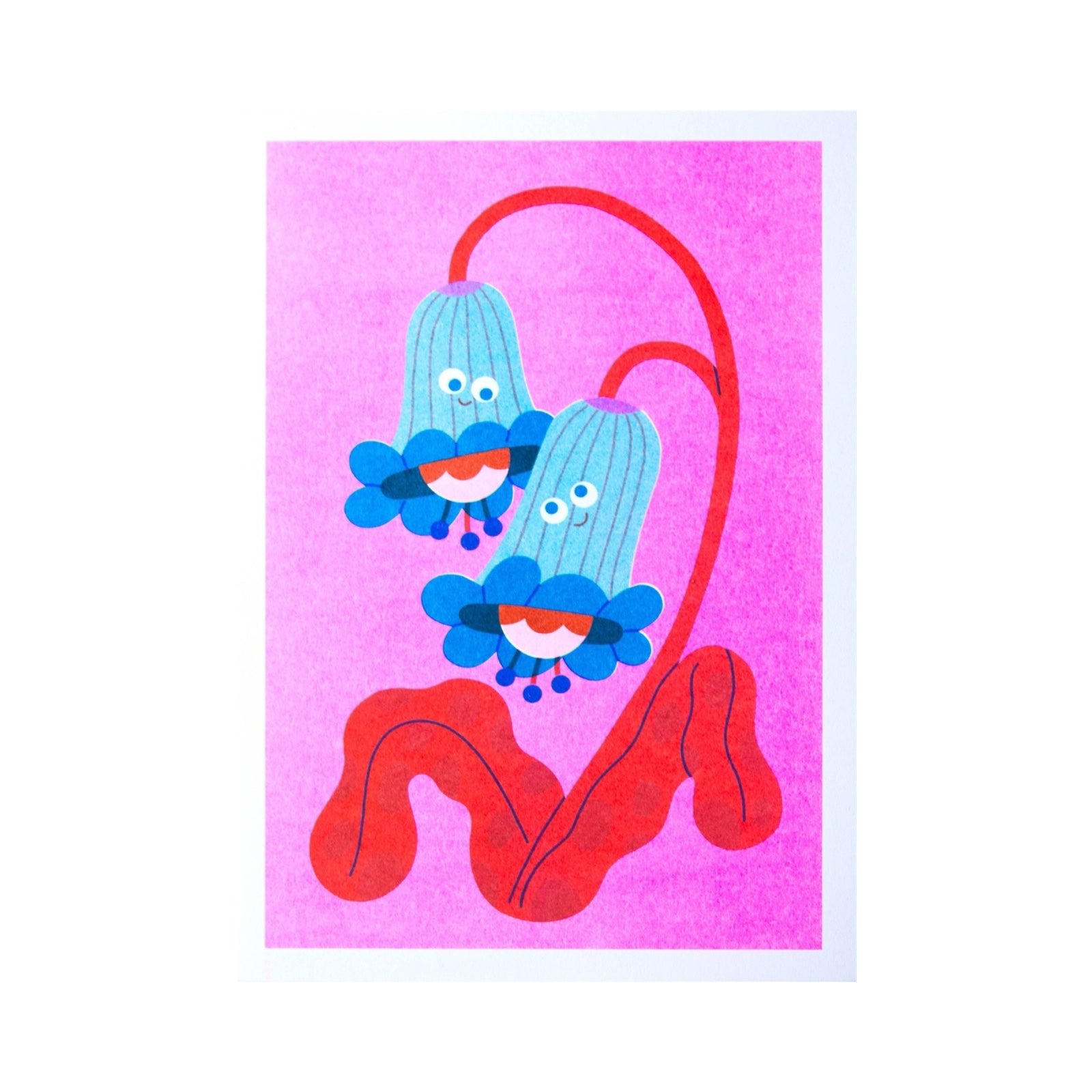 Cartoonish bluebells with red stems on a pink background.