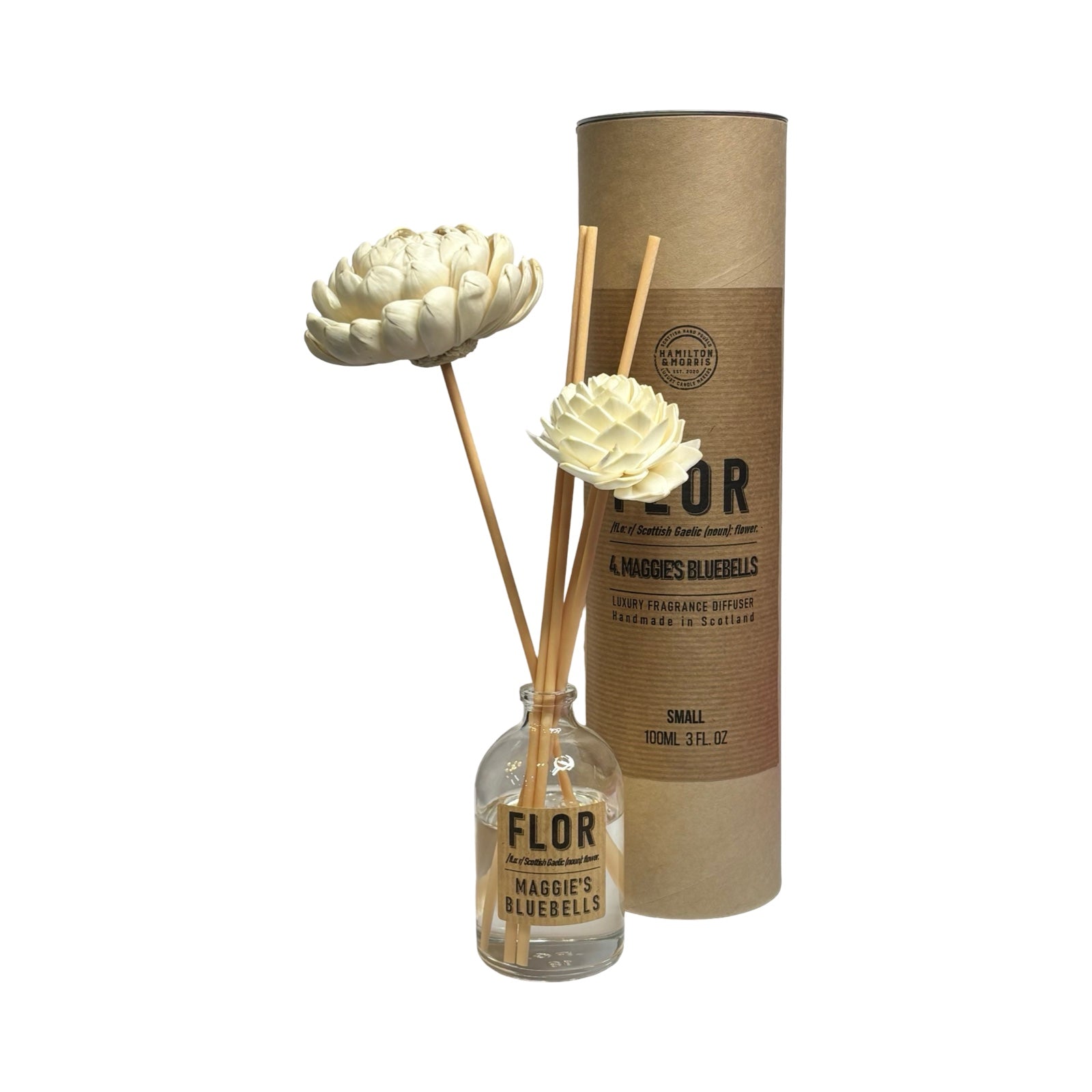 Decorative diffuser set with bottle, sticks, and cylindrical container on a white background.
