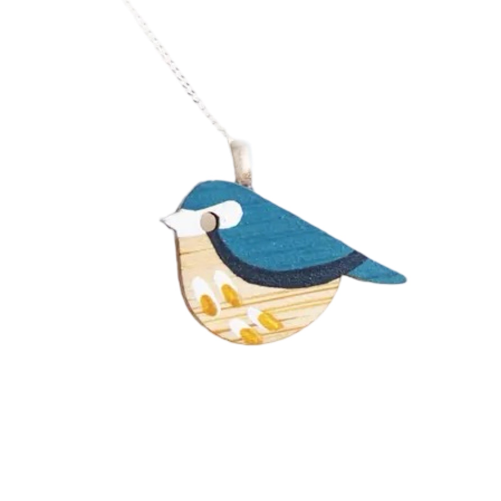 This wooden bird-shaped pendant necklace has a blue tit painted pendant and a sterling silver chain