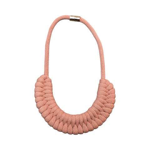 A hand-knotted style necklace made by hand from 100% recycled blush pink cotton cord with a magnetic metal fastening.