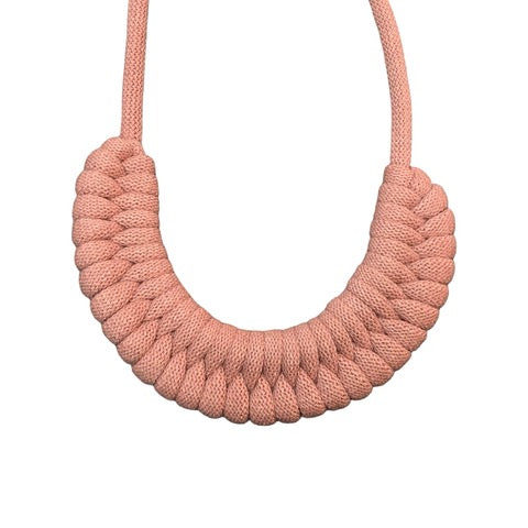 A hand-knotted style necklace made by hand from 100% recycled blush pink cotton cord with a magnetic metal fastening.