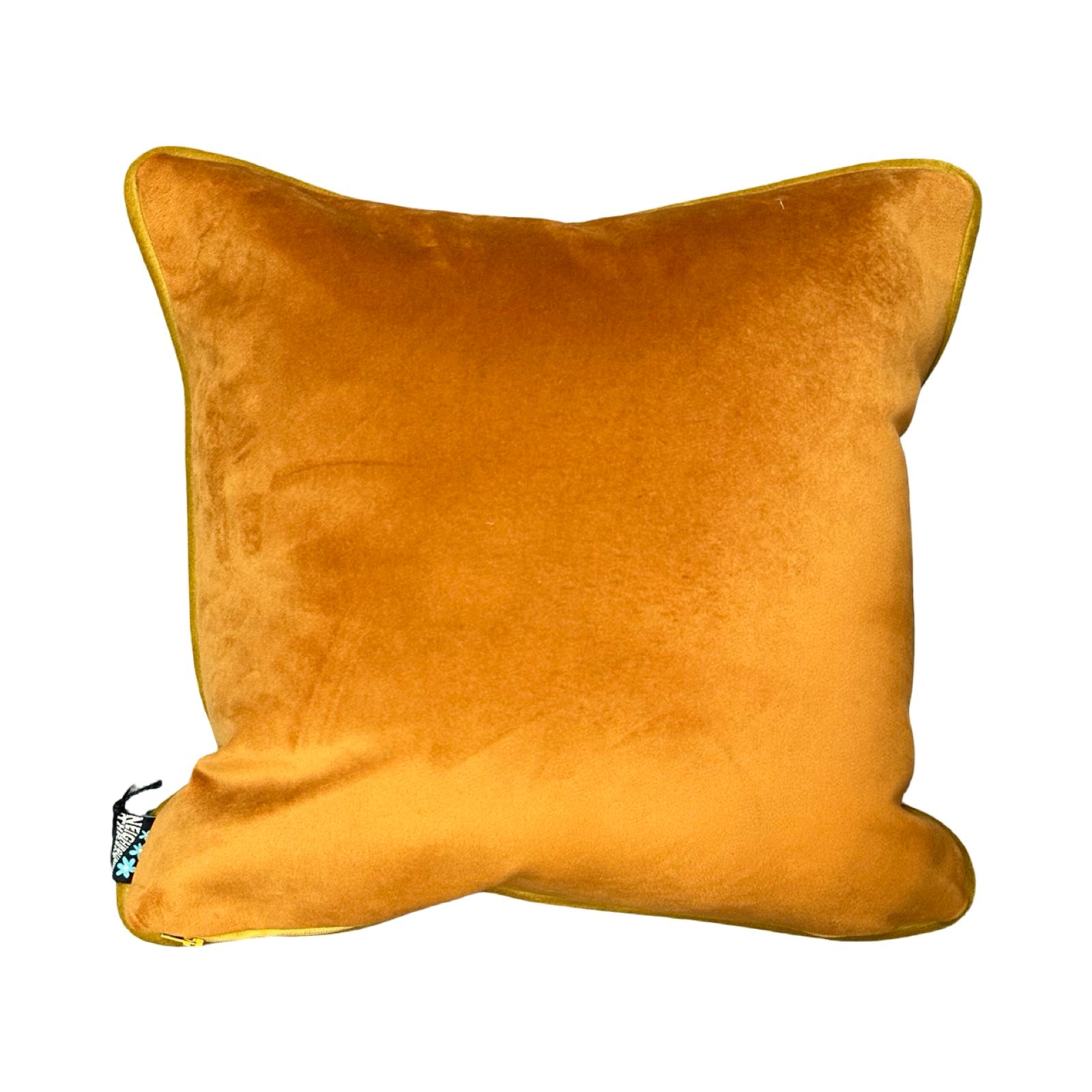 Gold-coloured velvet back of pillow on a white background.