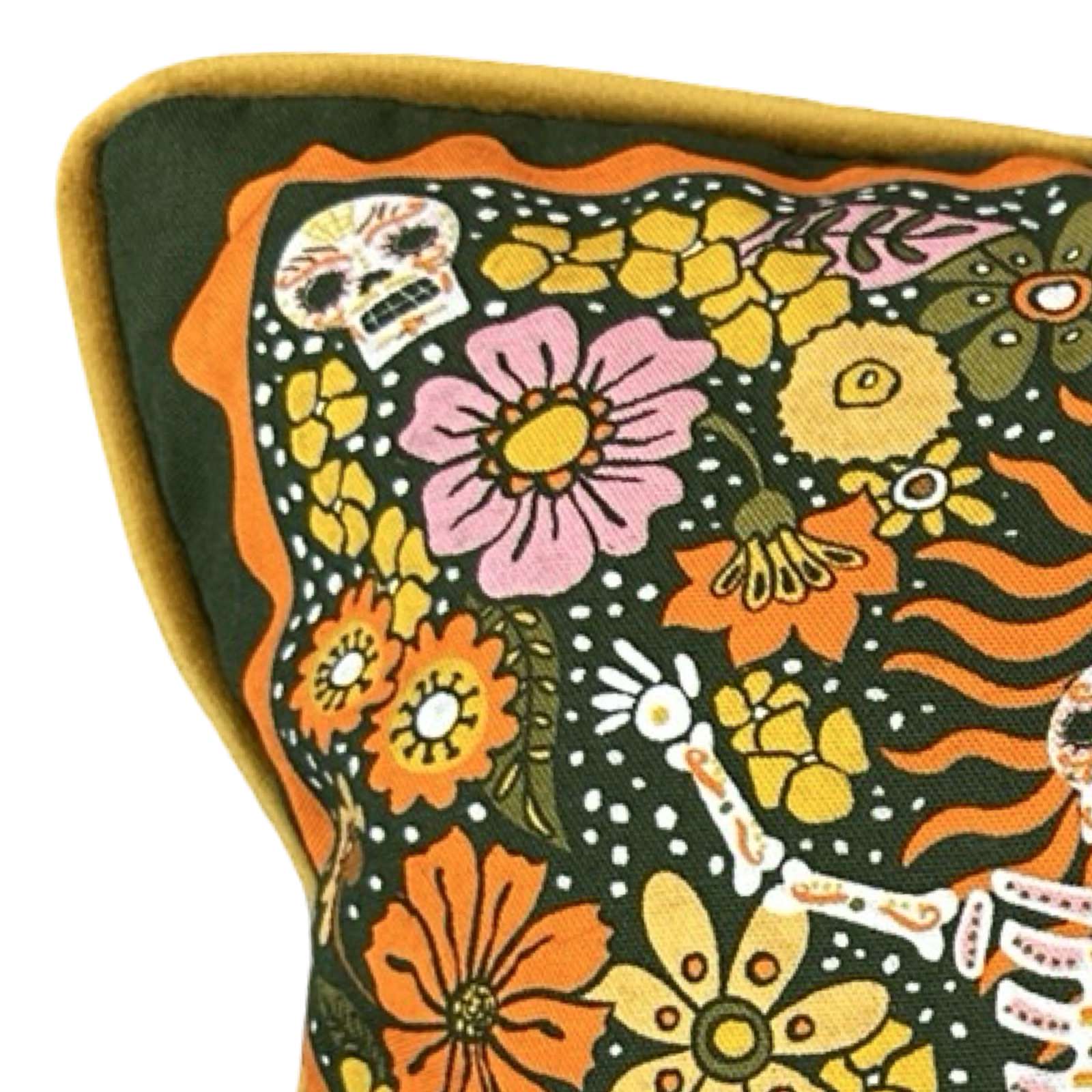 Colourful cushion cover featuring skeletons dancing surrounded by multicoloured flowers and skulls. The cushion is trimmed with handmade velvet piping and backed with luxurious orange velvet.