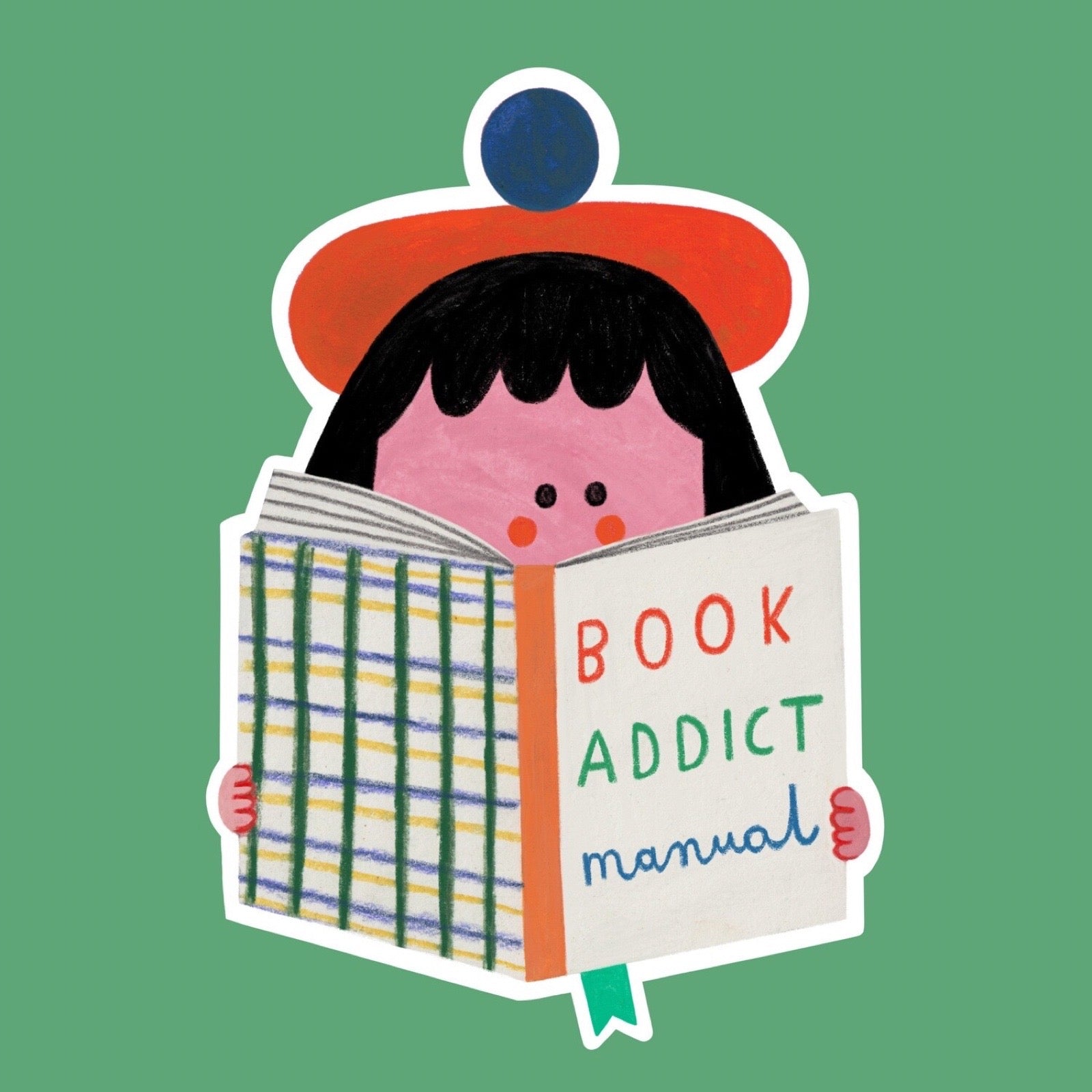 Illustration of a person reading a book titled 'Book Addict Manual' on a green background.