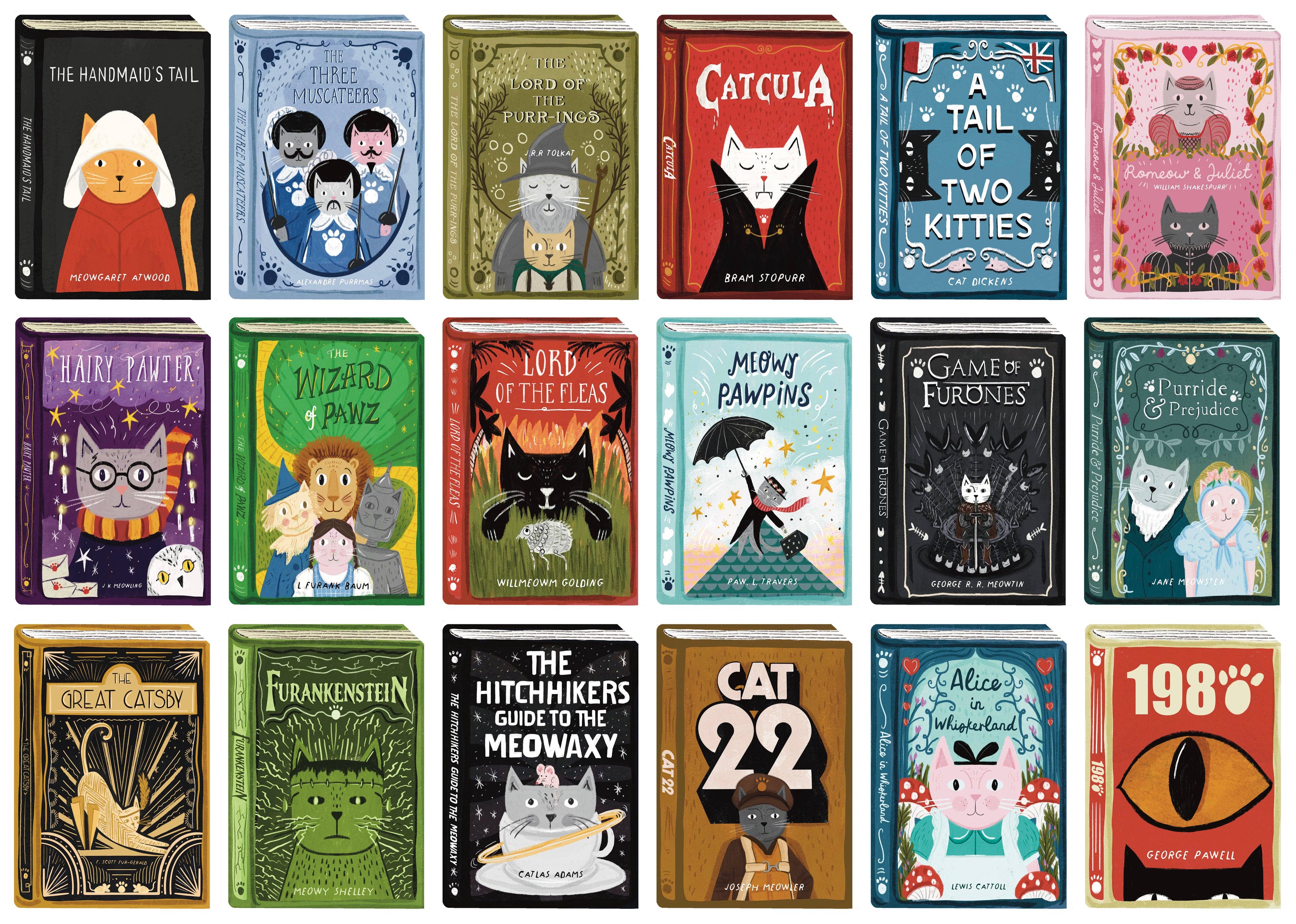 Collection of books with cat-themed covers arranged in a grid.