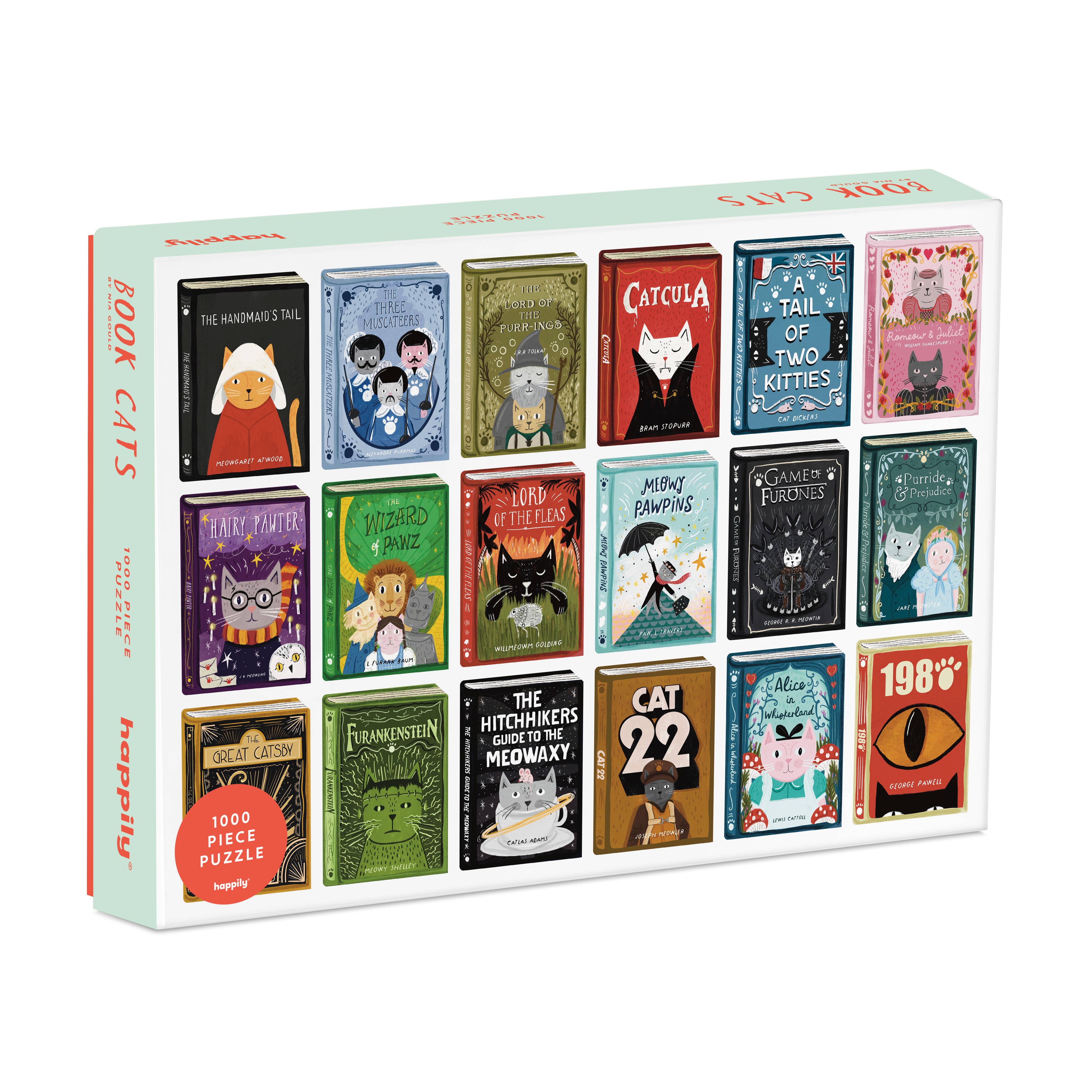 Box of 15 cat-themed mini books with colourful covers on a white background.