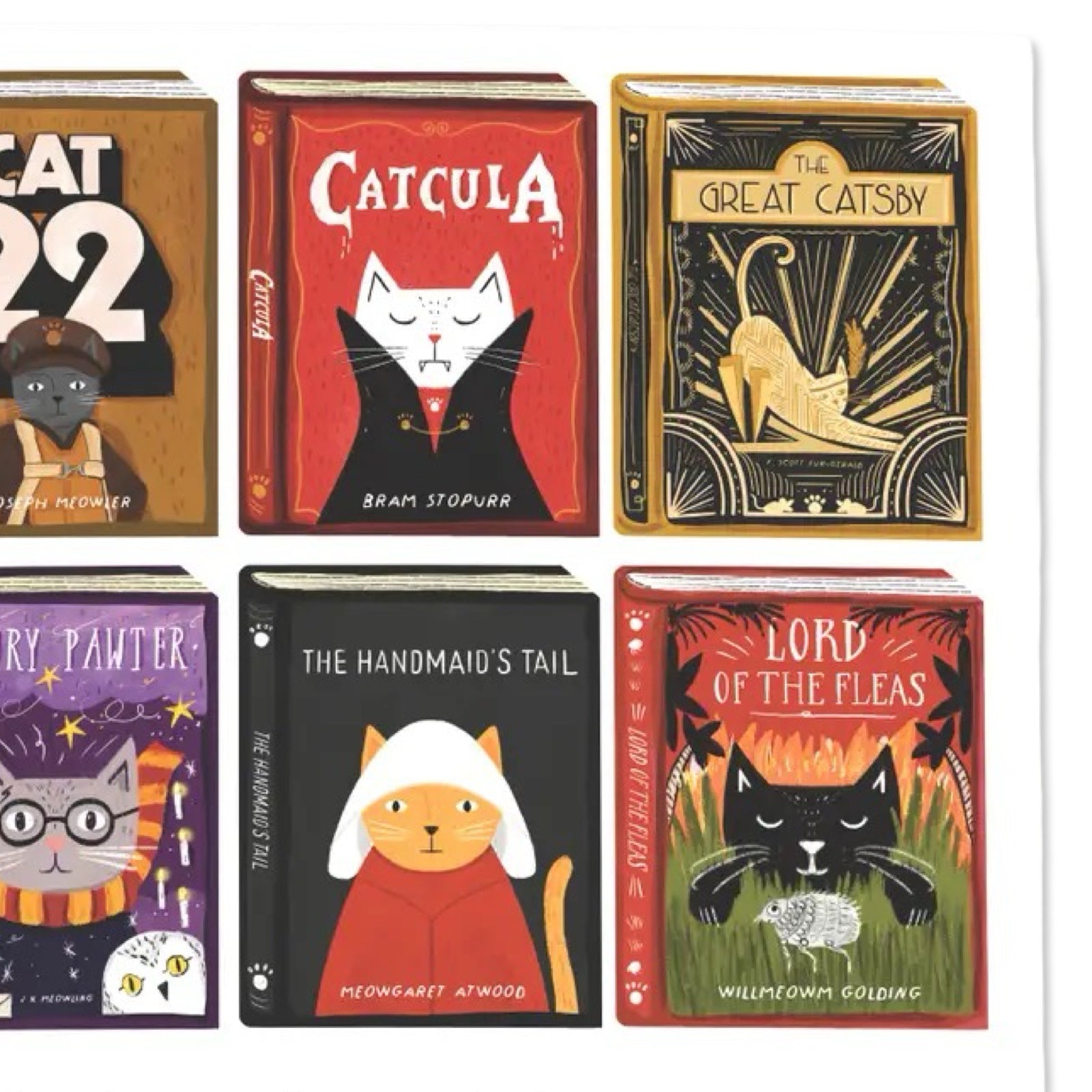 Tea towel featuring a collection of books with cat-themed covers on a white background.