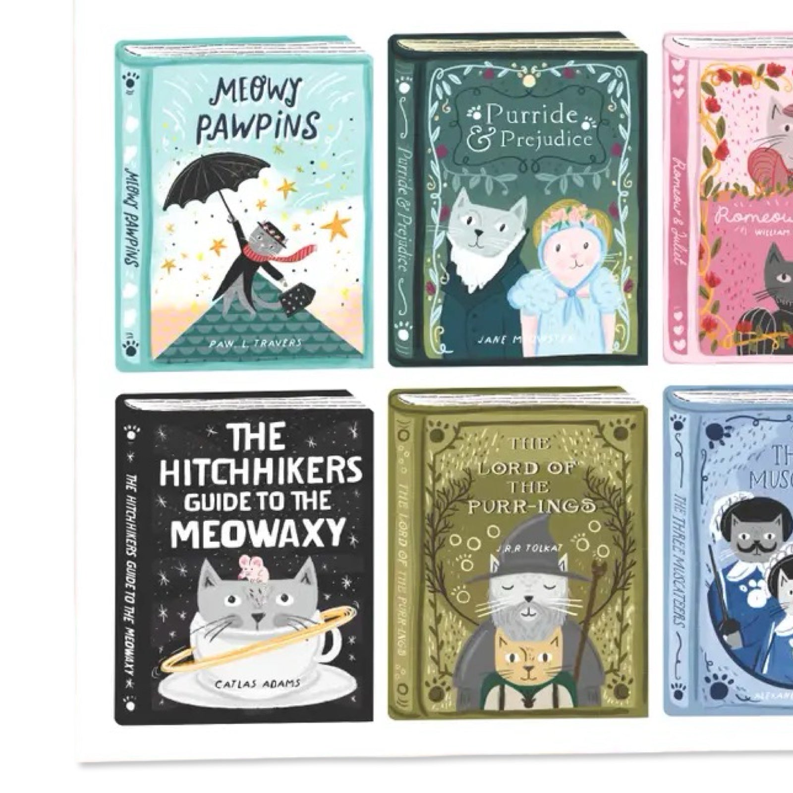 Tea towel featuring a collection of books with cat-themed covers on a white background.