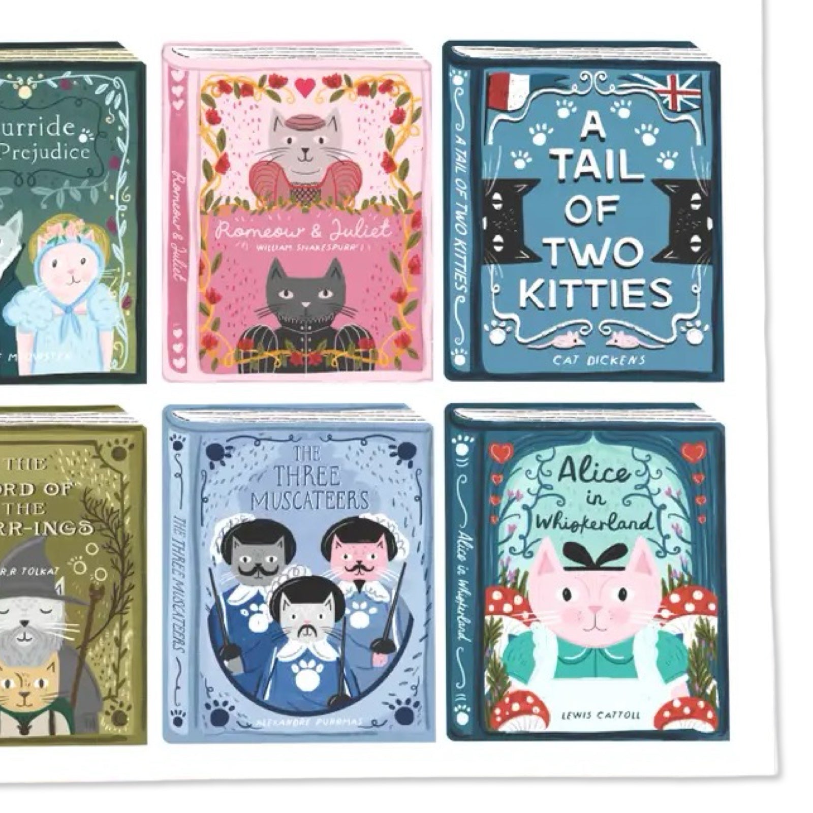 Tea towel featuring a collection of books with cat-themed covers on a white background.