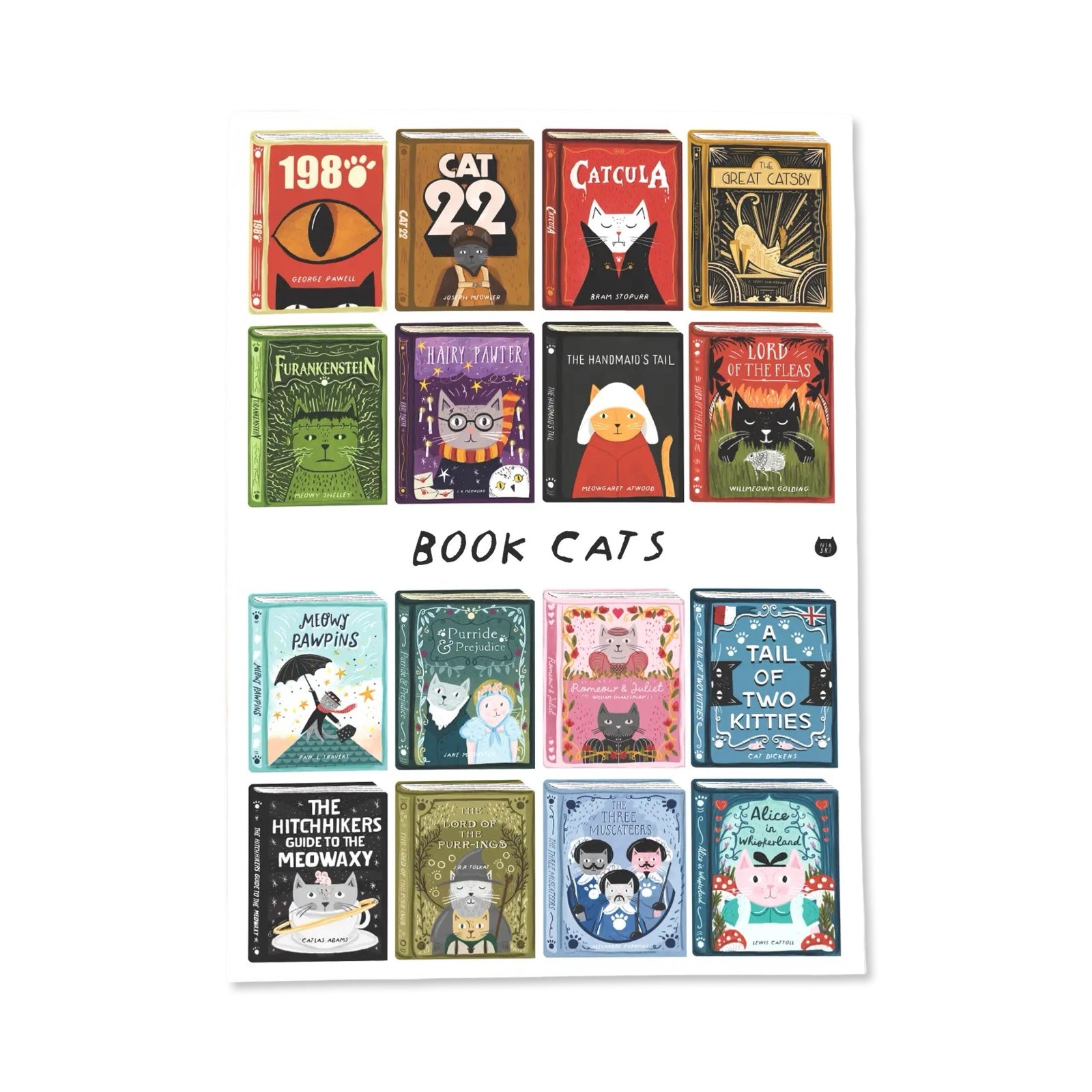 Tea towel with cat-themed book illustrations on a white background.