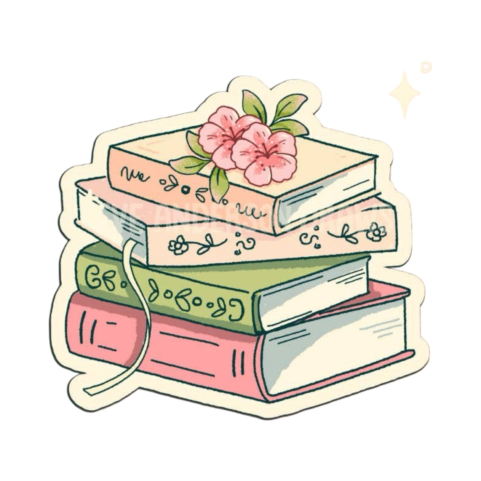 A sticker featuring an illustration of a stack of pastel coloured books with two pink flowers sitting on the top