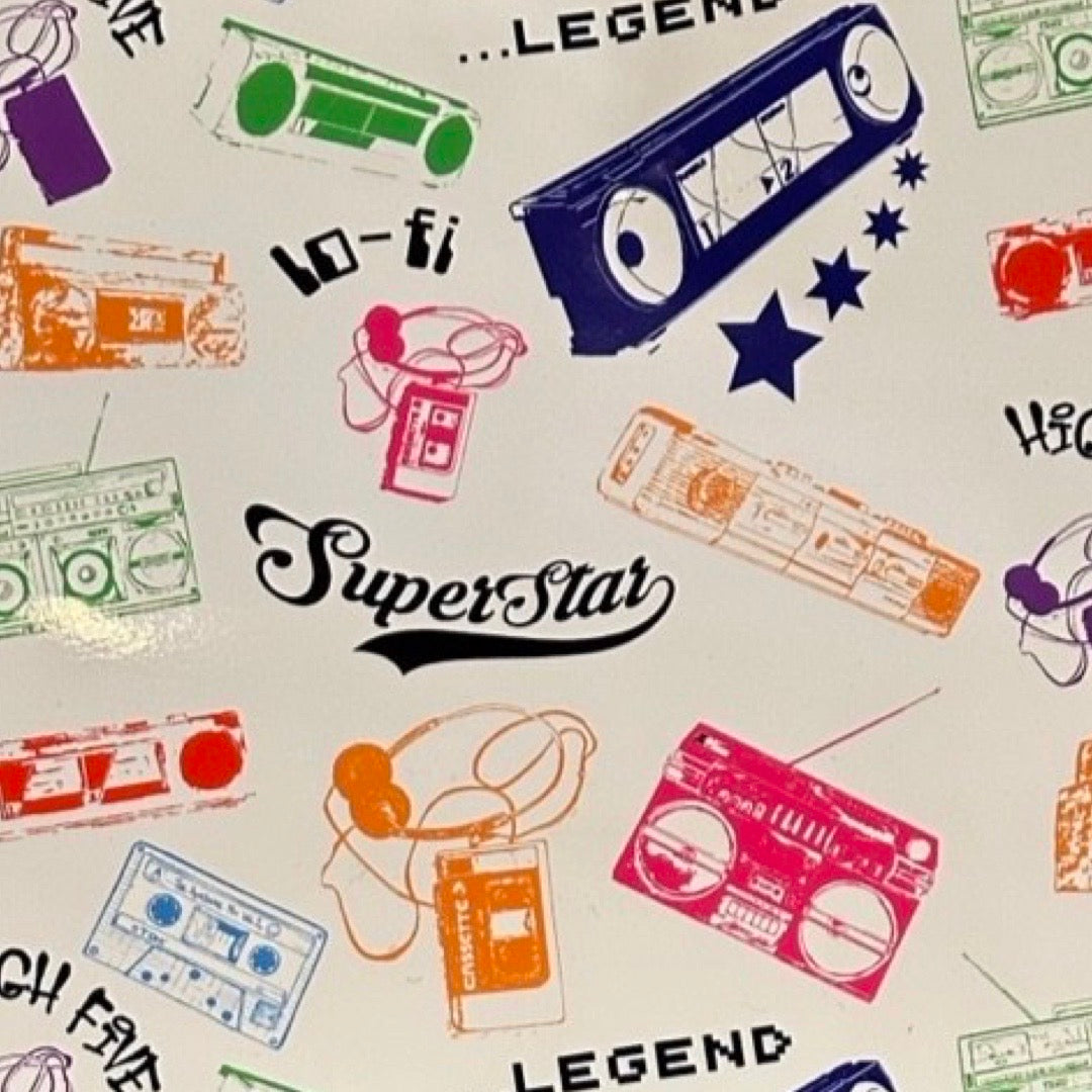 Colorful retro-style illustrations of cassette tapes and boomboxes with text on a light background.