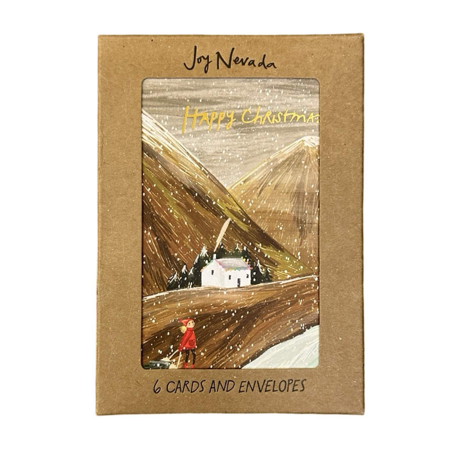 Pack of six Christmas cards featuring a white bothy at the bottom of the mountains and a lady in a red coat dragging a Christmas tree towards the bothy in a brown cardboard box with a hole cut in the front.