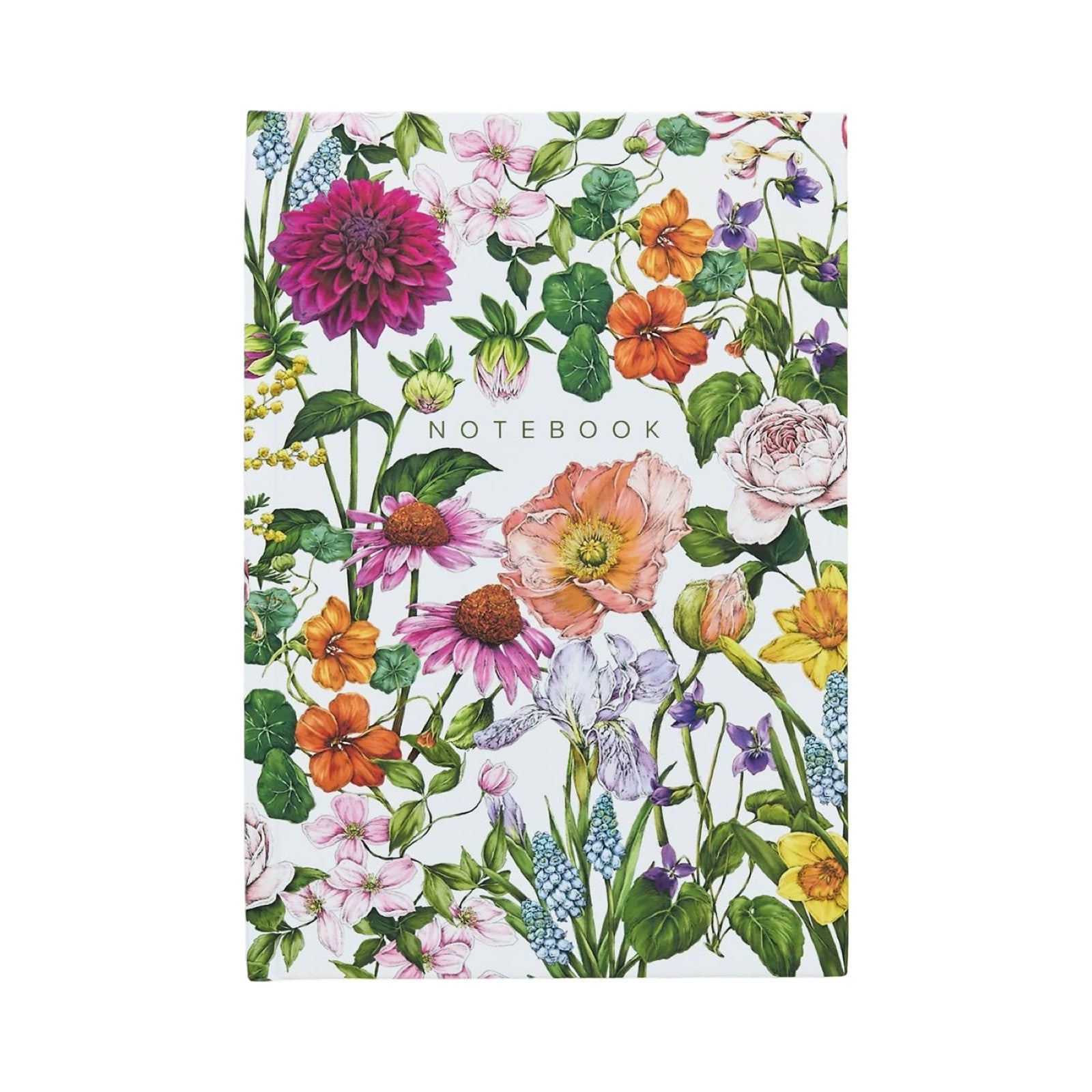 The front cover of a colourful floral notebook with the text NOTEBOOK in green lettering in the centre