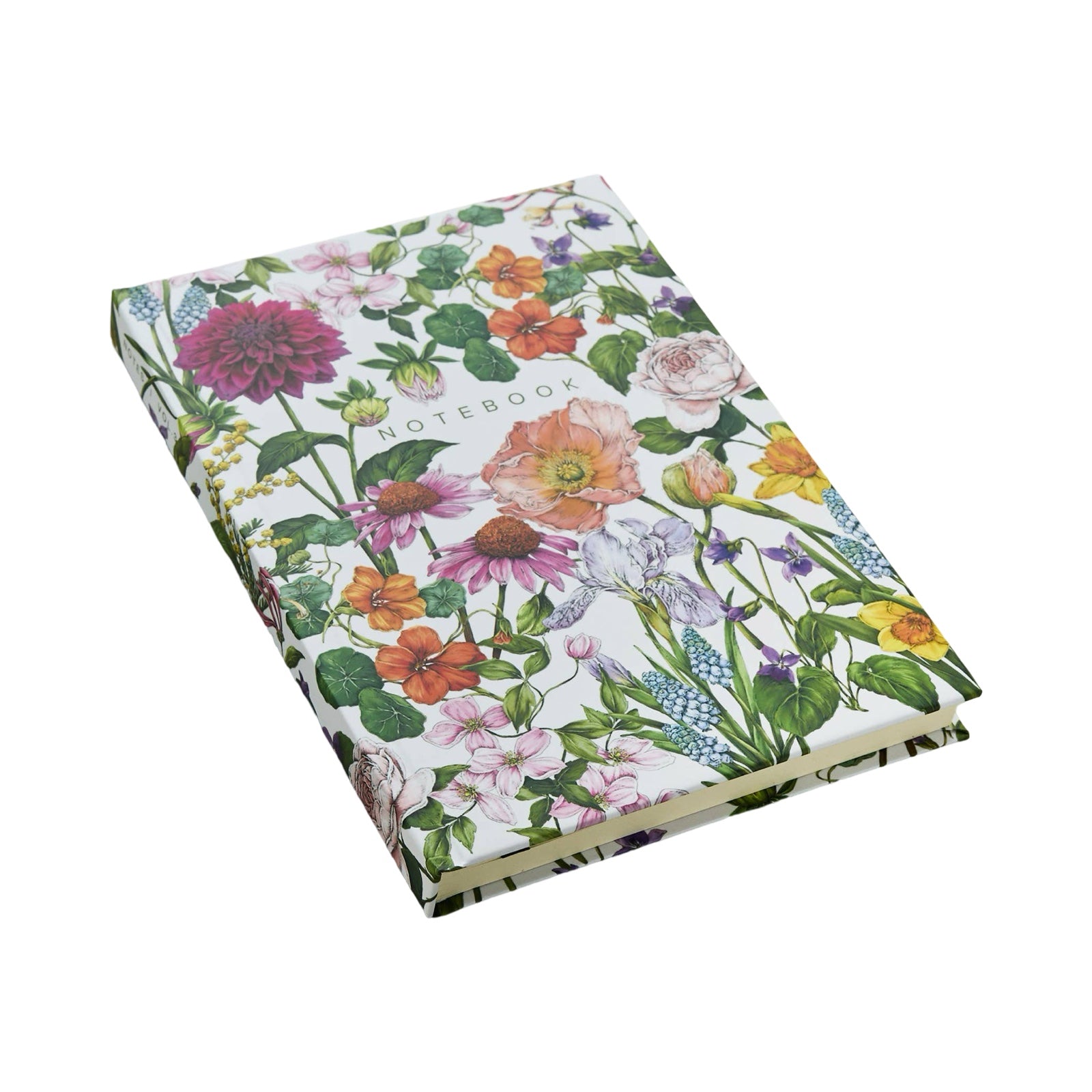 The side view of a colourful floral notebook with the text NOTEBOOK in green lettering in the centre.