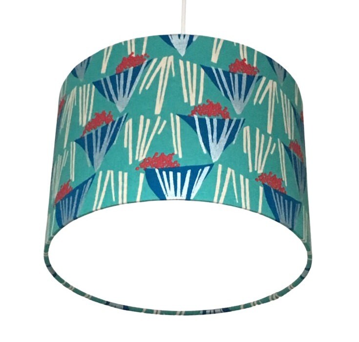 Drum lampshade in turquoise with blue and red abstract flower bouquets and silver detailing