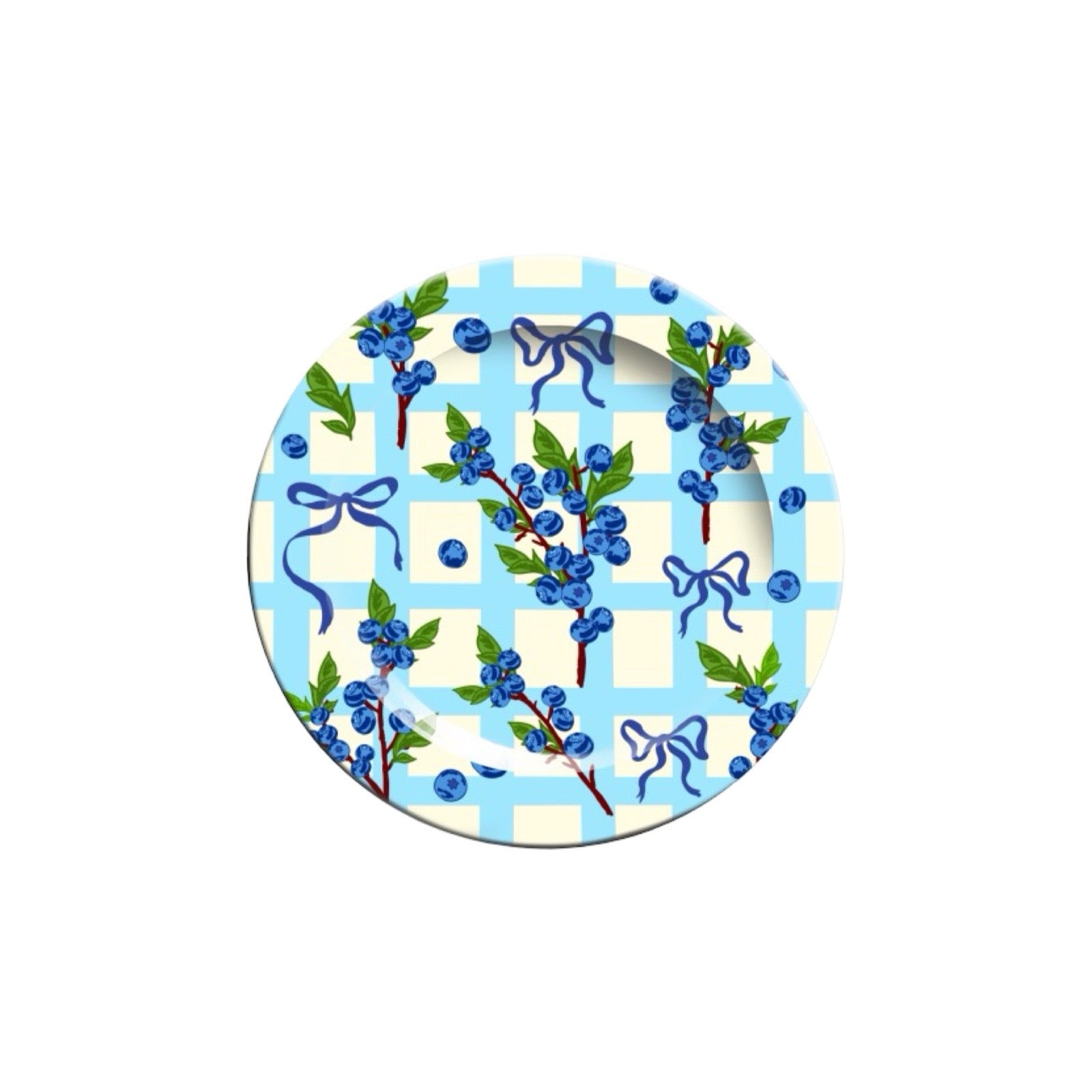 Decorative plate with blueberries and ribbons on a checkered background.