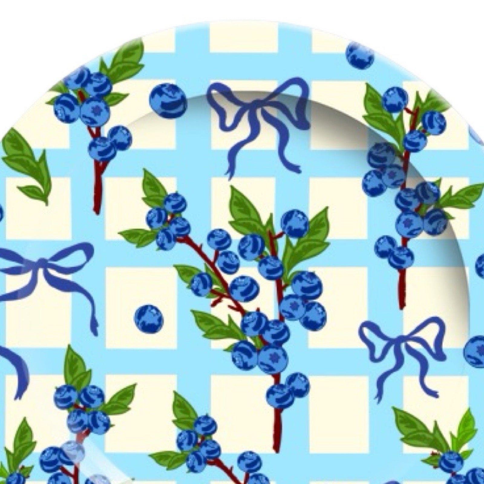 Decorative plate with blueberries and ribbons on a checkered background.